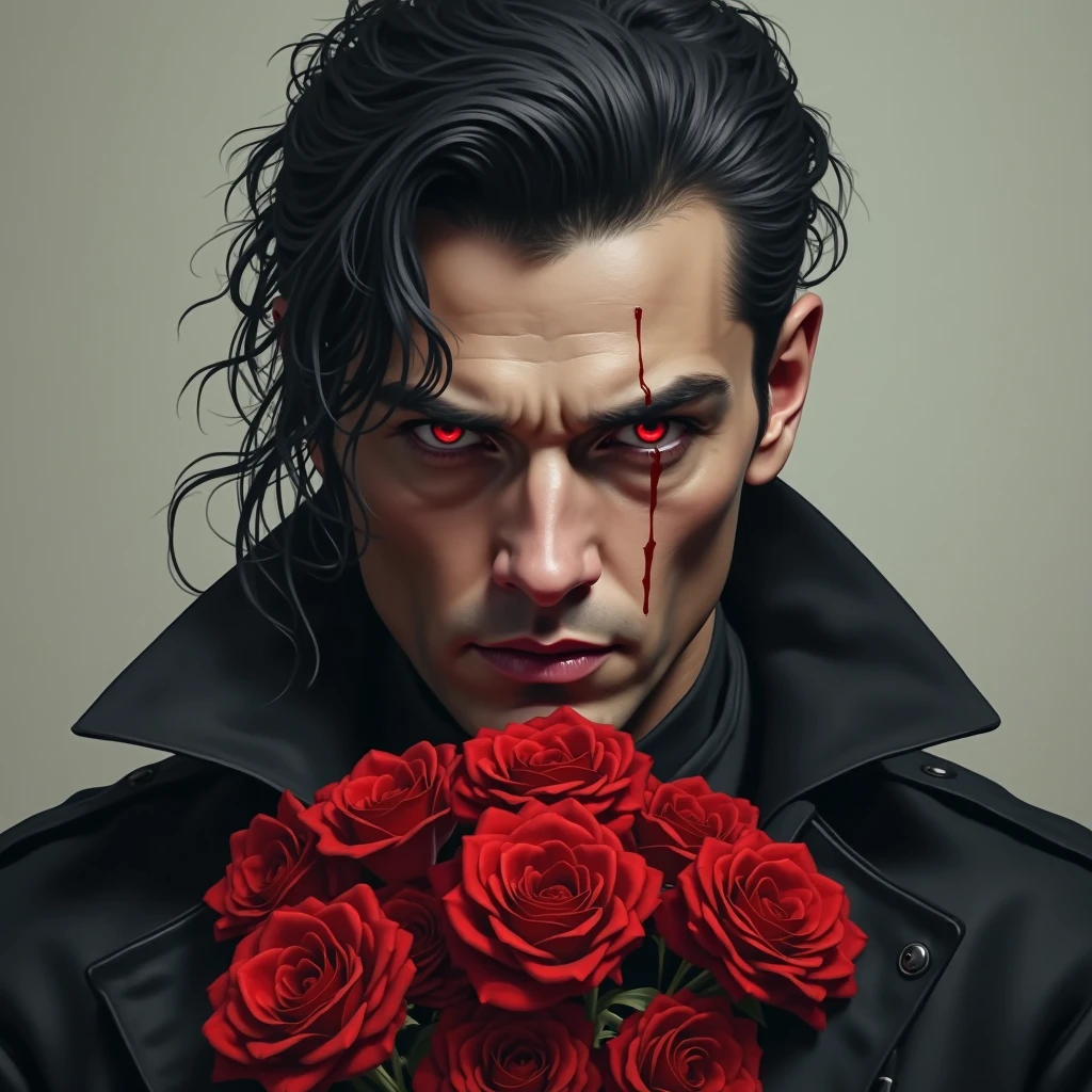 Man holding white rose that was blood dripping from it. He has dark hair and red eyes and the background is white