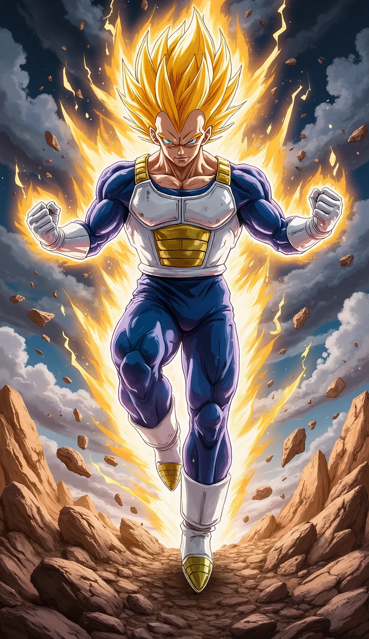 Vegeta, 18 years old and handsome, stands in mid-air with his body angled in a confident and cool pose. His figure is slightly turned, showcasing his muscular build and readiness for battle. His sharp blue eyes are filled with intense anger and focus as he looks over his shoulder. He wears a sleek blue battle suit that hugs his athletic physique. His spiky blonde hair glows with a thick golden aura, radiating with fierce lightning bolts. Debris and shattered rocks swirl around him, emphasizing his overwhelming power. Behind him is a desolate landscape, strewn with rocks under a dramatic stormy sky. The scene is illustrated in an extremely detailed Dragon Ball Z anime style, inspired by Dragon Ball Z, with dynamic lighting, high contrast, and a grand action atmosphere. The watercolor technique adds energy and movement to the artwork. Vegeta is designed with a realistic and refined touch, resembling high-quality digital art from comics and video games.