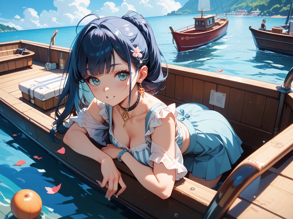 (masterpiece), (best quality), (ultra-detailed), (best illustration), (best shadow), (absurdres), Female, 25 years old, looking at viewer, steam, shy, nose blush, nsfw, medium breasts, nude, o-face, climax, light smile, Kochou Shinobu, Forehead,Black shirt,Black pantsuit,haori,butterflys,obi strip, purple flower,mostly cloudy sky,rays of sunshine,Tyndall effect,Gradient_sky,the face,beautiful sky,Saber on the waist,captivating posture, (Off-the-shoulder attire:1.3), smile,