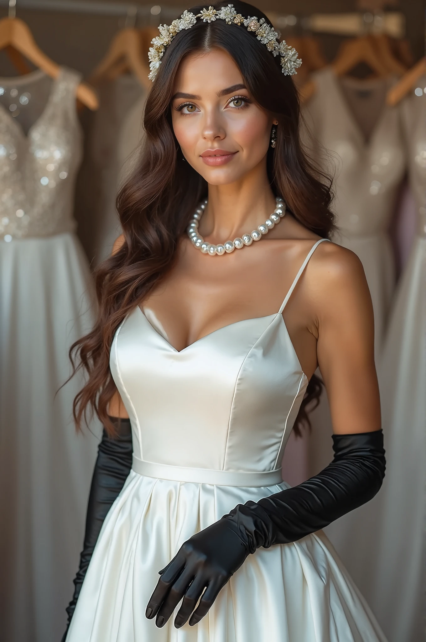 Realistic photo of the upper body of a smiling woman, beautiful brunette woman with long hair, She dances in front of the camera in a long violette A-line bridesmaid dress with shiny satin straps. Beauty Destails in the Fabric, Park,glamour fotoshooting, Wedding celebration, perfect anatomy, perfect brown eyes. Perfect hands with 5 fingers on each hand, Suitable woman , looking at the camera, 1 Frau. (Eye make up:1.1), (highly detailed skin:1.1), spirit, analog style, keen focus, 8K  UHD, dslr, good quality, Fujifilm XT3, Grain, Award-winning, ​masterpiece. Wedding celebration