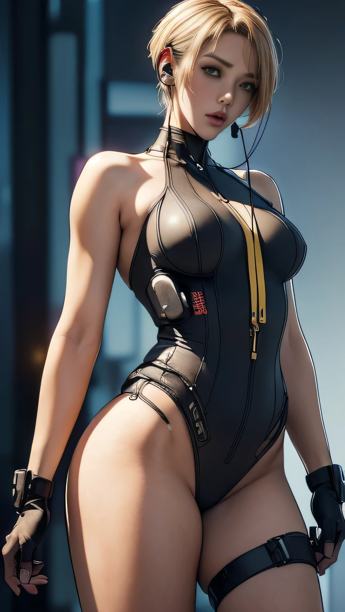 (A woman),(((A female member of the Future Force rides a motorcycle))),((Navy Tactical high leg bodysuit:1.5)),((earphone:1.5)),((Tactical Holster:1.5)),(Gloves:1.5),(Serious:1.5),(Super short hair:1.5),(bionde:1.5),(beautiful eyes:1.3),(Very detailedな顔:1.5),((Very detailed drawing of a female hand:1.5)),((muscular:1.5)),(Sexy appearance:1.5),((Thick thighs:1.5)),(Beautiful Body:1.5),((Very sensual:1.5)),(Background is hanger:1.5),(Cyberpunk atmosphere:1.5),(((Blurred background:1.5))),(Written border depth:1.5),rest(((masterpiece:1.5),(best quality:1.5),(Very detailed:1.5),(high resolution:1.5),(Practical:1.5),(Practical:1.5),(Delicate depiction),(carefully drawn))),8k,wallpaper, (((cameltoe:1.3))),from below:1.1