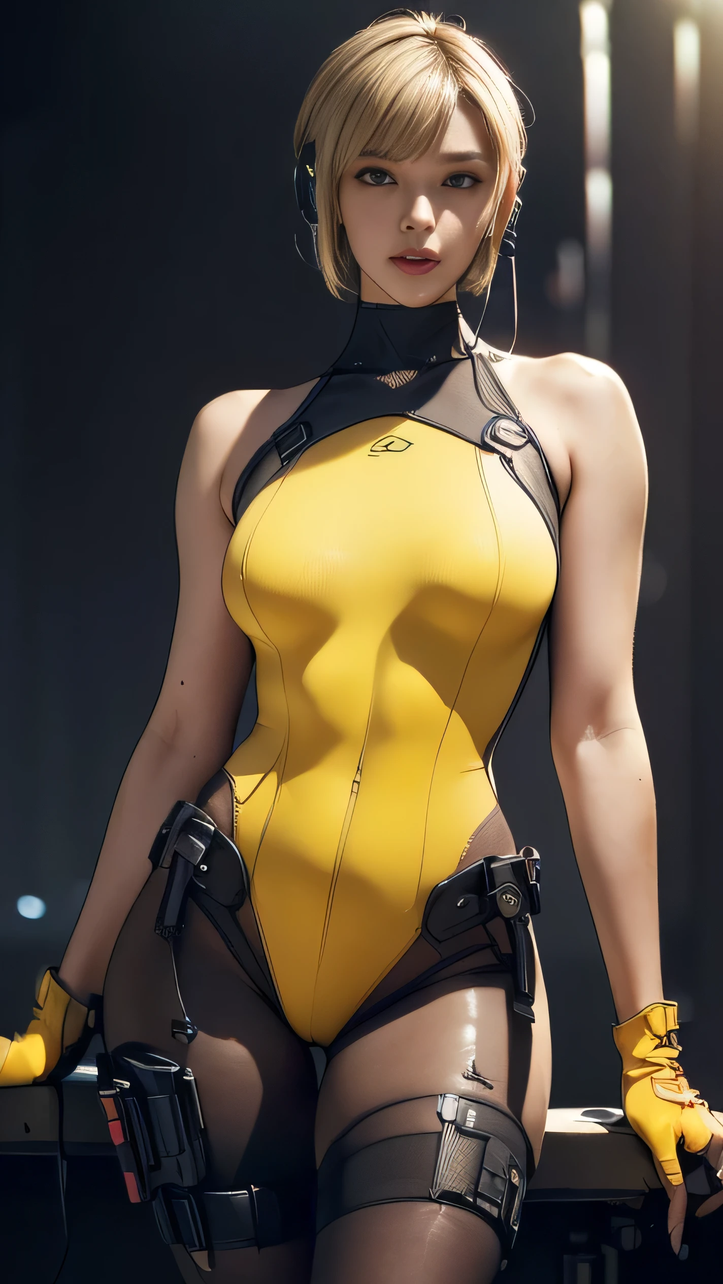 (A woman),(((A female special forces member stands))),((Yellow tactical High leg bodysuit:1.5)),((earphone:1.5)),((Tactical Holster:1.5)),(Gloves:1.5),(Serious:1.5),(Super short hair:1.5),(bionde:1.5),(beautiful eyes:1.3),(Very detailedな顔:1.5),((Very detailed drawing of a female hand:1.5)),((muscular:1.5)),(Sexy appearance:1.5),((Thick thighs:1.5)),(Beautiful Body:1.5),((Very sensual:1.5)),(The backdrop is a futuristic city:1.5),(Cyberpunk atmosphere:1.5),(((Blurred Background:1.5))),(Written border depth:1.5),rest(((masterpiece:1.5),(best quality:1.5),(Very detailed:1.5),(high resolution:1.5),(Practical:1.5),(Practical:1.5),(Delicate depiction),(Carefully drawn))),8k,wallpaper