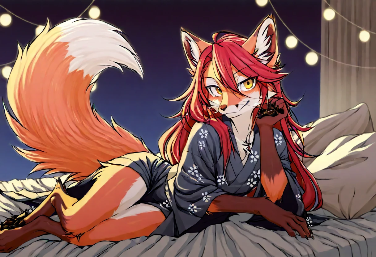 (Little boy with short red hair with golden eyes on the left and red eyes on the right), (dressed in a golden and red fairy robe), (red fox ear tail), (handsome), (barefoot)