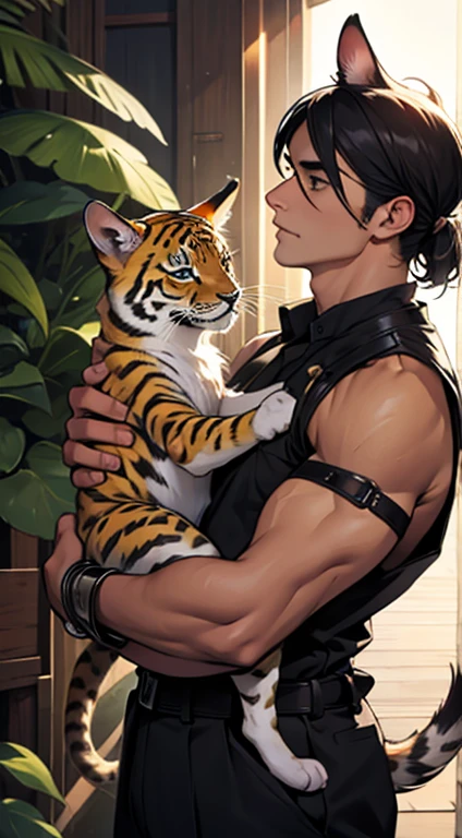 Perfect face, male zombie, black hair, collar, chain, one-eyed, sitting on an African leopard, contemplation, dark tones, two-dimensional, comics, masterpiece rich details.