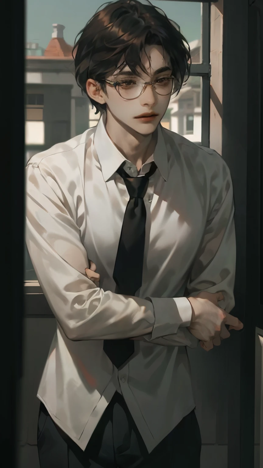    masterpiece，Top Quality，one person，Mild masculine，Afternoon， in the classroom，Lean on the podium， Blackboard，window， male， white shirt，tie，Black Framed Glasses，teacher，brunette，brown eyes，gentle expression，Towards you