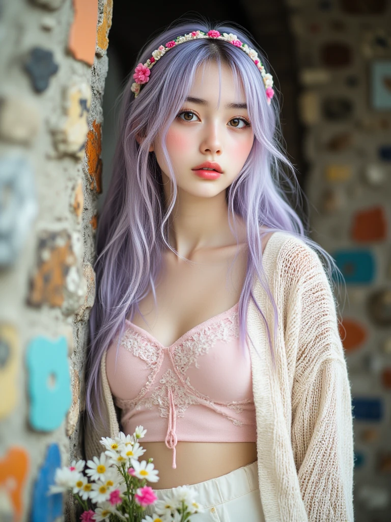1girl, solo, cute girl with pink hair, pink eyes, wisteria flower background, soft natural light, cat ears, sleeveless white shirt