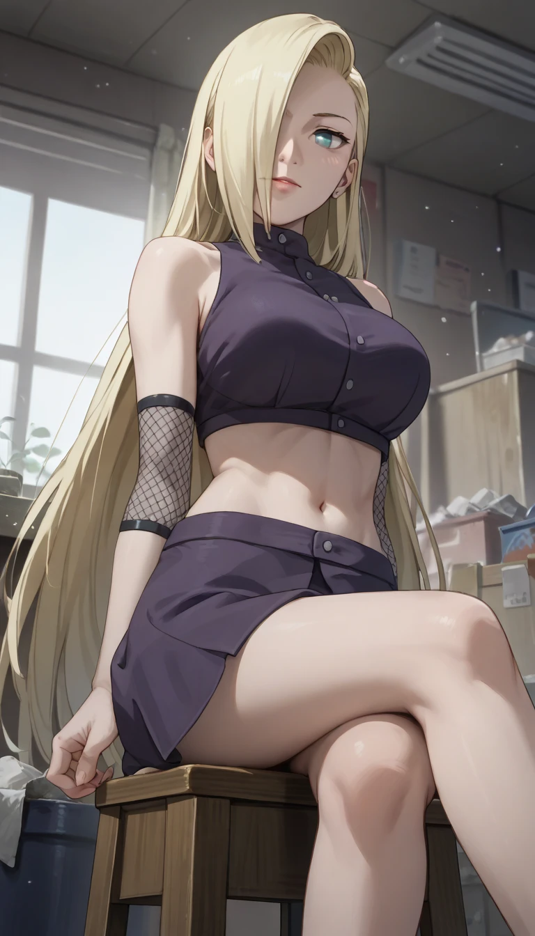 Ino Yamanaka, girl, long blonde hair, short purple sleeveless blouse, bare midriff, midriff, long purple skirt, ideal body, sexy, detailed face, detailed body render, high quality, highres, highly detailed, hands behind head, blushing, on the bedroom