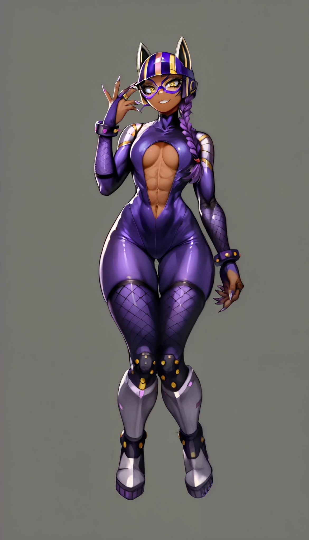 (Masterpiece, grey background:1.2) full body standing straight symmetrical looking to the viewer, view from below, far shot, cow boy shot, purple skin, drow, elf, 1girl, mature, purple eyes, pinched eyes, short silver white hair cut (yellow tiger bikini print long sleeves and long stockings) abs, navel, big knockers, tatter rags, leather choker, chain collar, stomach tattoo (red tattoo) hands on hips, wide hips, thick thighs, metal sandals