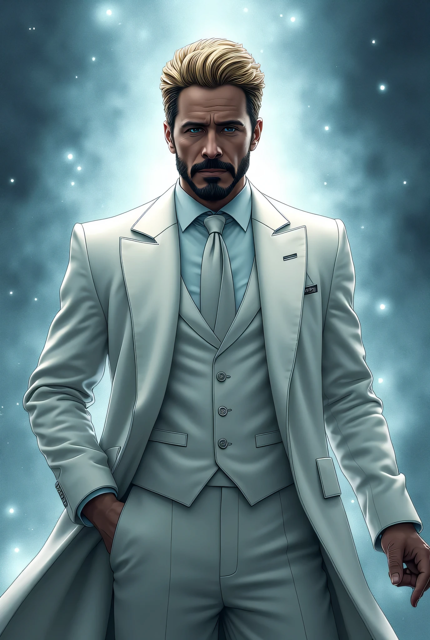 Gregory Stark, Tony Stark's twin brother from the Marvel Universe. A tall man with noble blacks faces, with a well-groomed beard and blond hair. He is wearing an elegant white suit with a long coat, with a white shirt and a formal tie, , which emphasizes his sophisticated. His look is confident and slightly arrogant, that conveys his intelligence and ambitions. The background is an abstract, cool tones , with a radiant, style that creates an atmosphere of power and mystery. High resolution, realistic detail, Marvel comic book style, cinematic lighting, Professional color correction.
