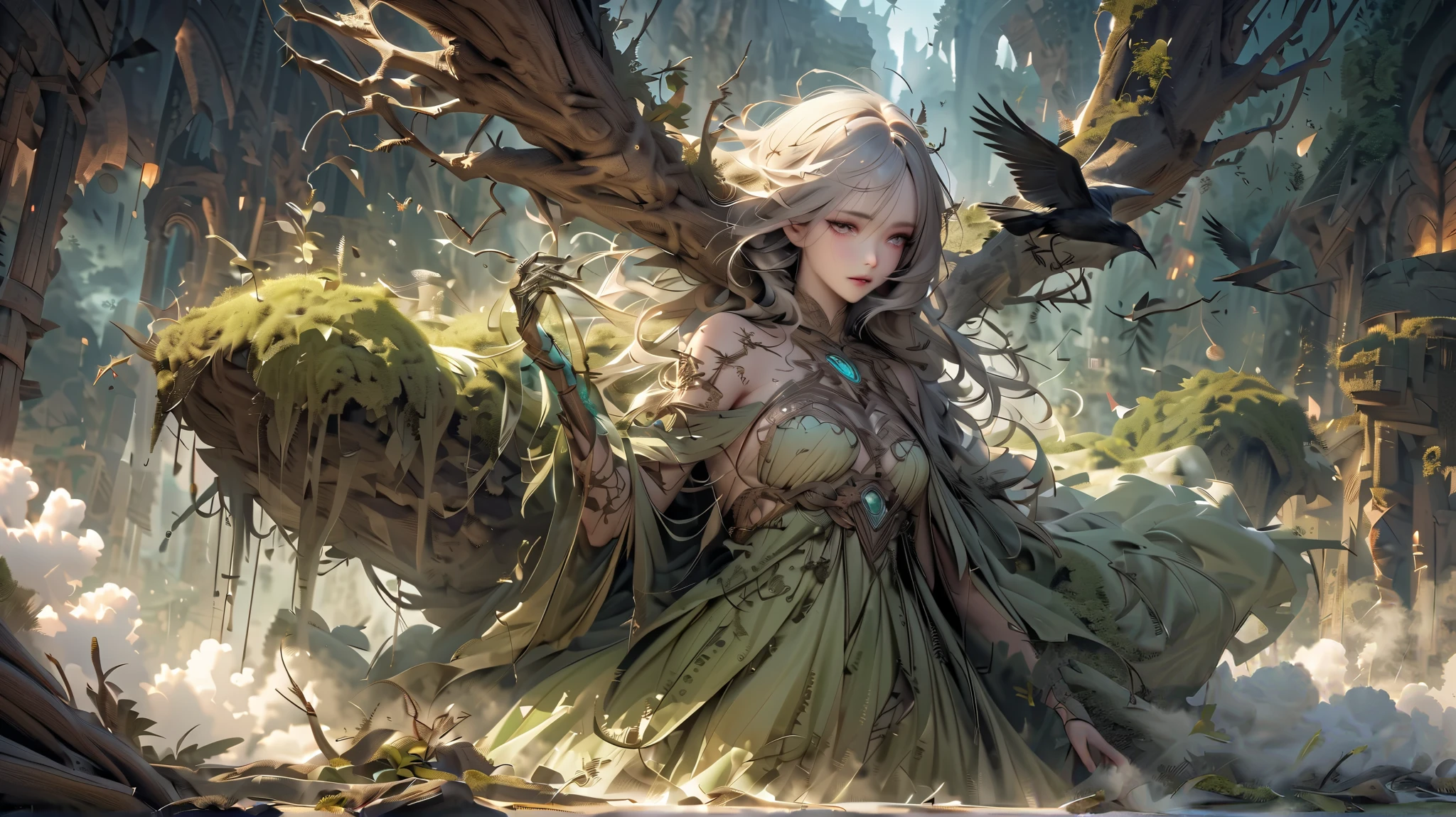 (by Greg Rutkowski: 1.2), (masterpiece), (best quality), extremely delicate and beautiful, illustration, 1 little green dragon girl, dragon horns, dragon wings, dragon tail, emerald eyes, short hair, quiet, (smile:0.8), hair ornament, robe, bare shoulders, sitting, birds, sunbeams, in grove, From Brian Froud and Carne Griffiths and Wadim Kashin and John William Waterhouse, 8K post-production, high resolution, hiper detailed, depth of field, HDR, intricate