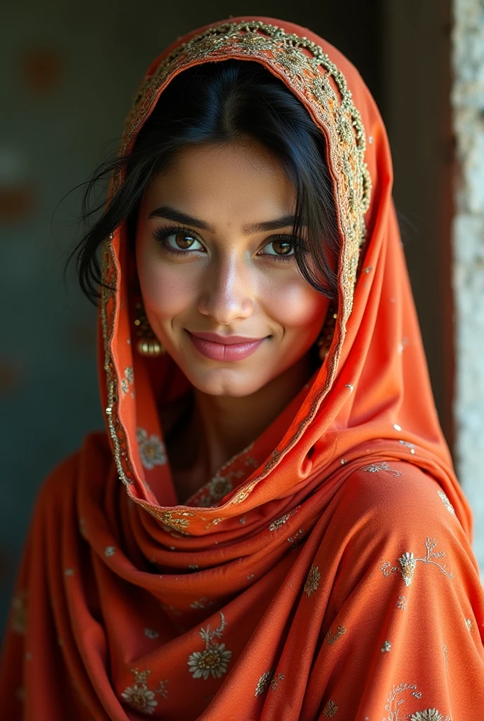 A passport size picture of Pakistani Pathan woman with age of 25 to 30 in shalwar qameez and dopatta in neck not on head