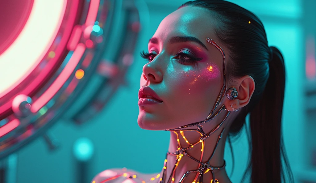 Shooting Total body of a model latin american 25 age woman in 2d. On his face and his body she has loft bright neon fucsia reflections. She wears elegant clothes, and on his clothes she has light neon. The background is dark and opaque. It has lights and reduced shadows but well-defined contrast for a matte, clean and minimalist finish Photo taken with a Hasselblad X1D 50C.


