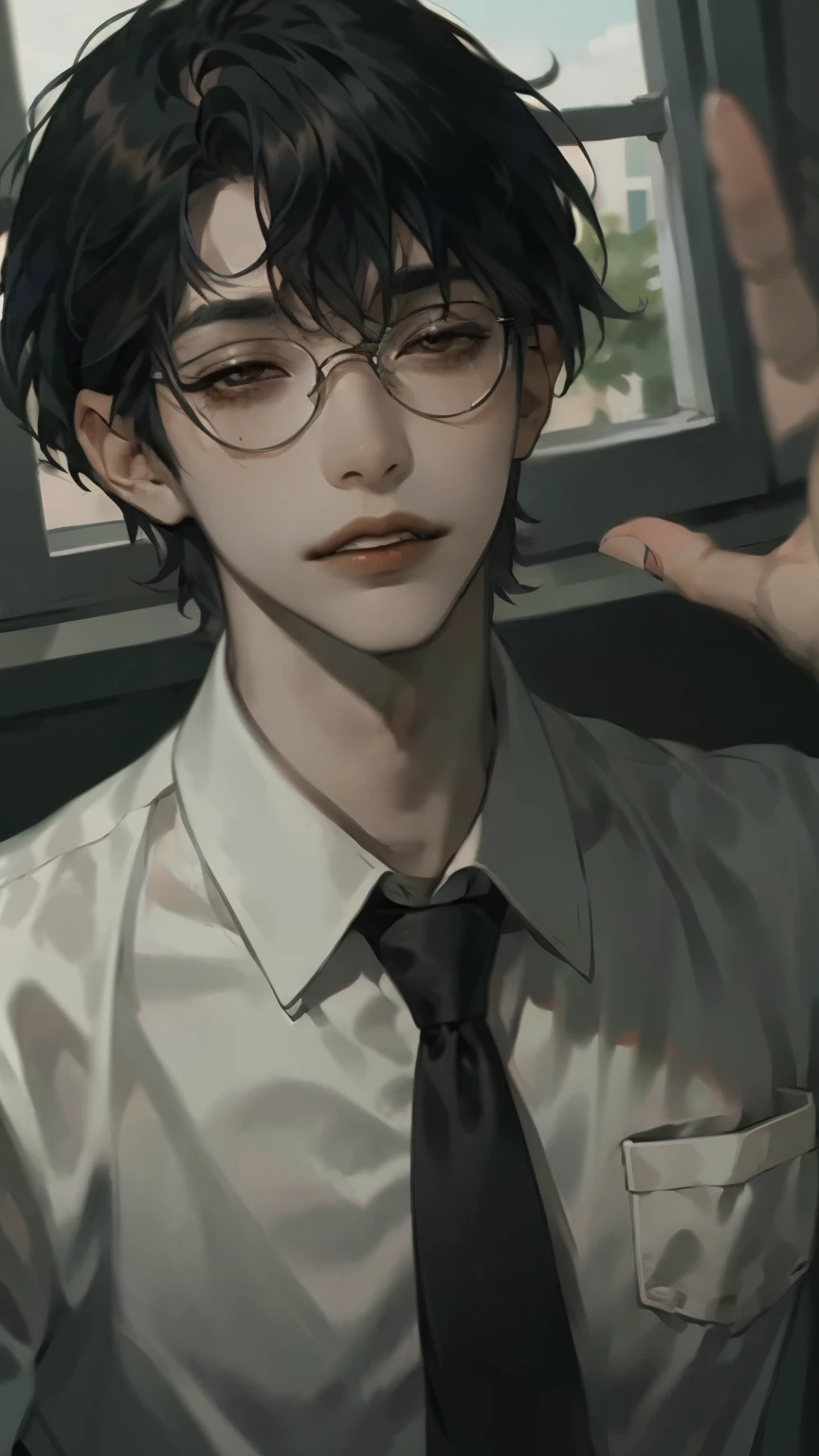    masterpiece，Top Quality，one person，Mild masculine，Afternoon， in the classroom，Lean on the podium， Blackboard，window， male， white shirt，tie，Black Framed Glasses，teacher，brunette，brown eyes，gentle expression，Towards you