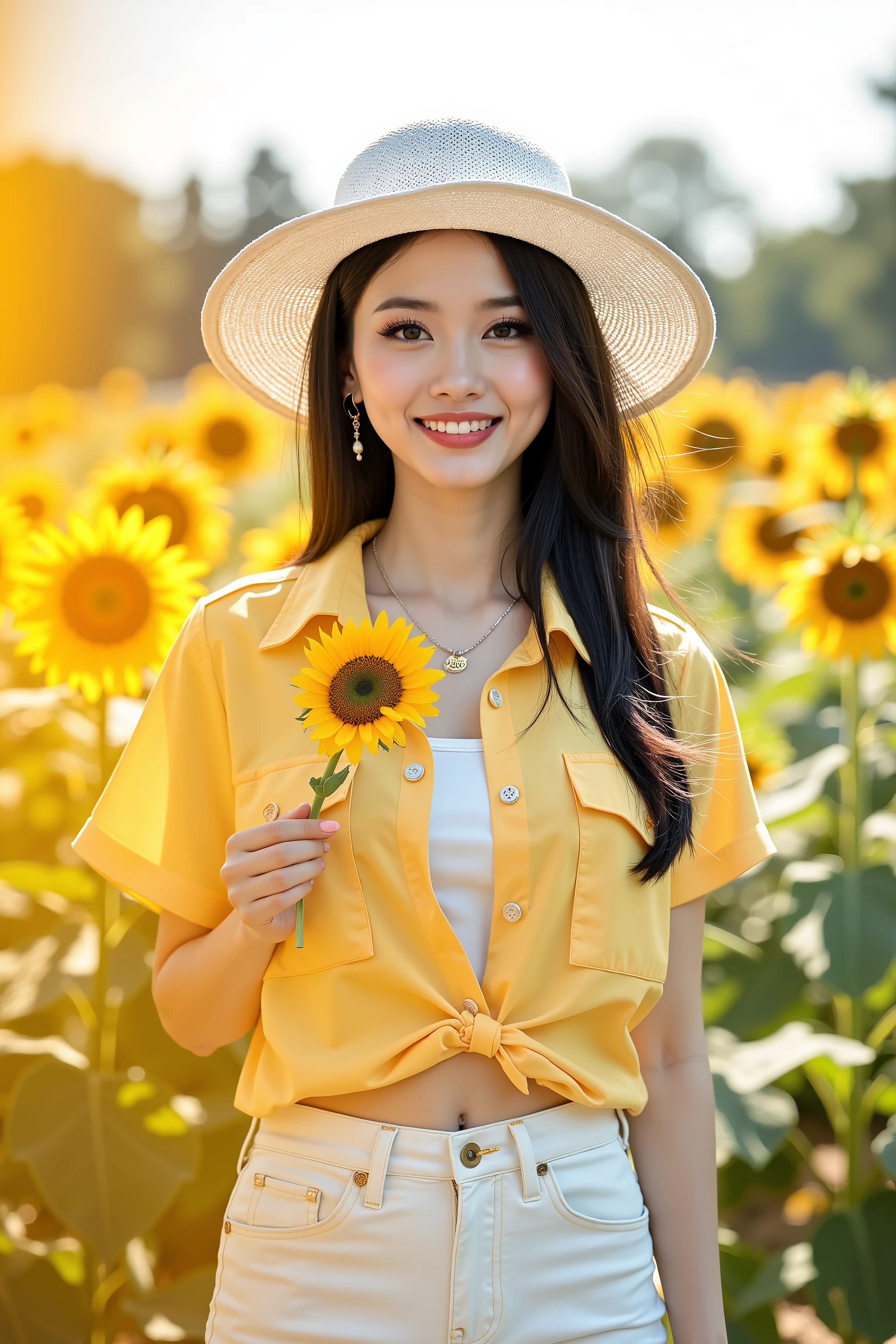 realistic portrait photo of a beautiful Asian woman, she is a professional model, she wearing on yellow shirt inside a white blouse, white denim pants, she wear a white boardbrim, beautiful make-up, energitic and youthful pose, natural posing, sunlights outline her figure, she holding a sunflower, looking at the viewer with attractive gaze, wind gently blowing her hair, she standing in a garden of sunflowers, detailed photo, high quality image, summer vibe, back lighting, light flare, depth of field, bokeh