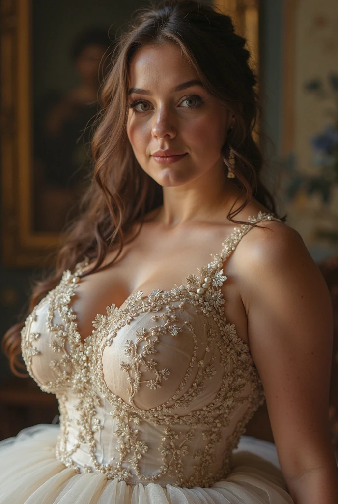 hyper photorealistic, cute peasant woman, in small European village, (45 years), (detailed face and eyeull body portrait,  (extremely sexy), Masterpiece, mediaeval erotic costumes, pleasure, nudist, massive breasts, Full figured woman, expression enjoyment, idyllic aura, medieval environment, cinematic lighting, light honey hair, little smile, fine facial traits, Slim physique, (depth of field), mediaeval sleeveless dress, Medieval bralette, Medieval bra, ultra detailed, cinematic