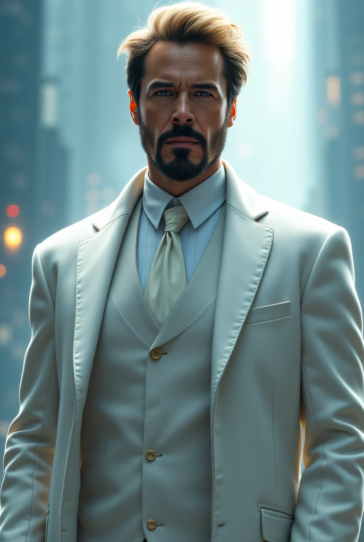 Gregory Stark, Tony Stark's twin brother from the Marvel Universe. A tall man with noble blacks faces, with a well-groomed beard and blond hair. He is wearing an elegant white suit with a long coat, with a white shirt and a formal tie, , which emphasizes his sophisticated. His look is confident and slightly arrogant, that conveys his intelligence and ambitions. The background is an abstract, cool tones , with a radiant, style that creates an atmosphere of power and mystery. High resolution, realistic detail, Marvel comic book style, cinematic lighting, Professional color correction.
