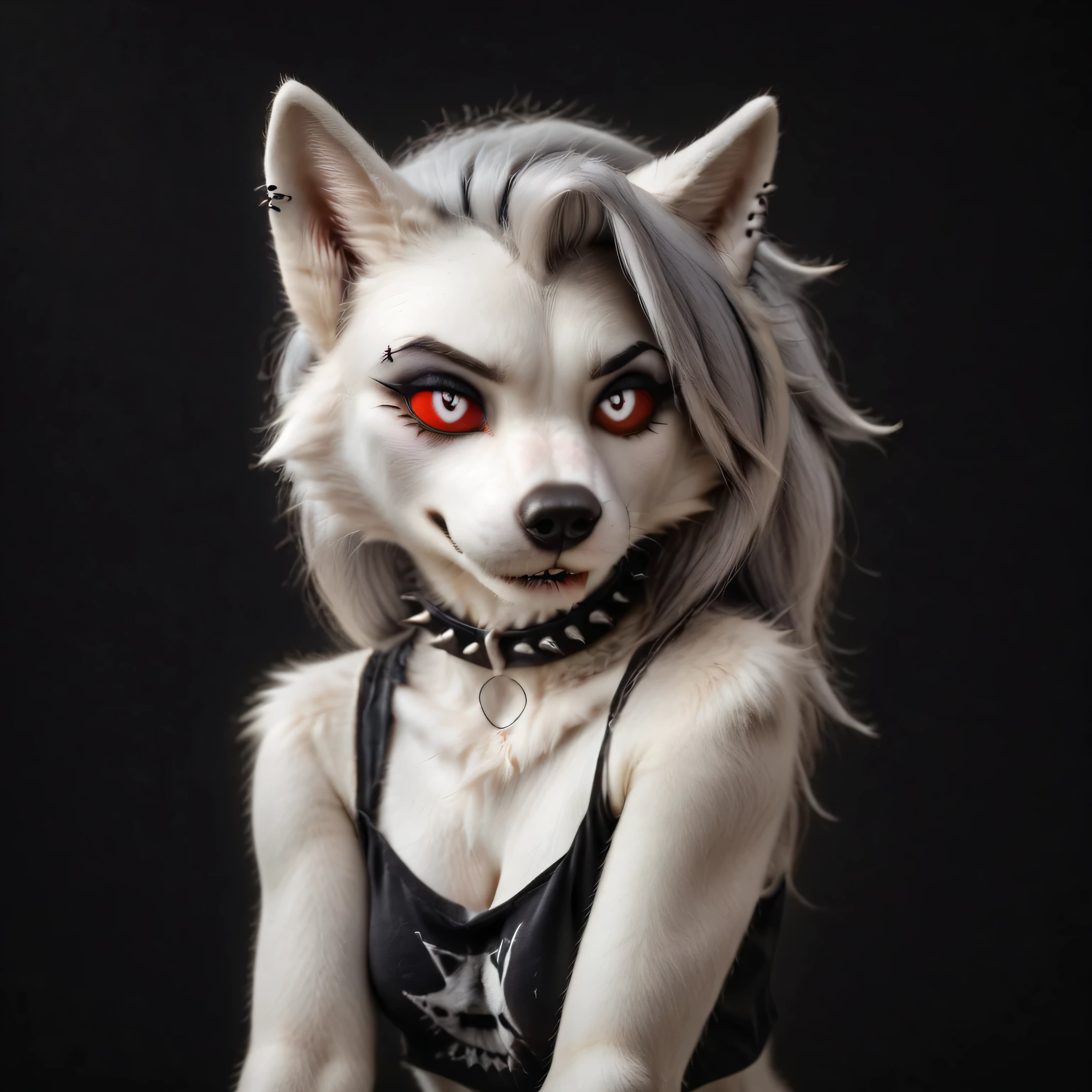 masterpiece, best quality, amazing quality, realistic, girl, Loona, furry female, white fur, goth, goth girl, colored sclera, red sclera, white pupil, animal ears, red eyes, fingerless gloves, piercing, collar, sexy pose, seductive look, biting lip, nightclub background.