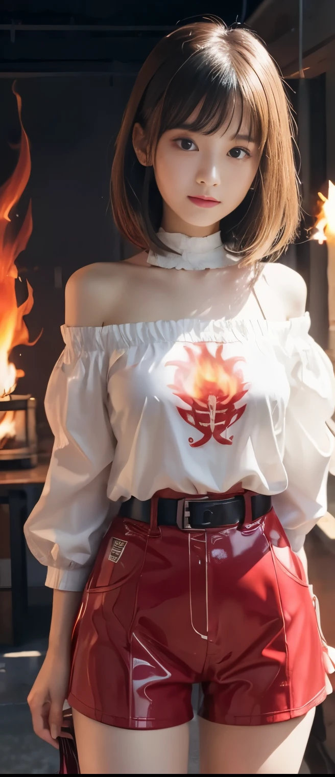 pure idol girl、A pure girl's face、 hypo、Red Latex Tight Shorts、white shirt(off shoulder)、、A flame skeleton that is emitting light、Spiritual Belt、