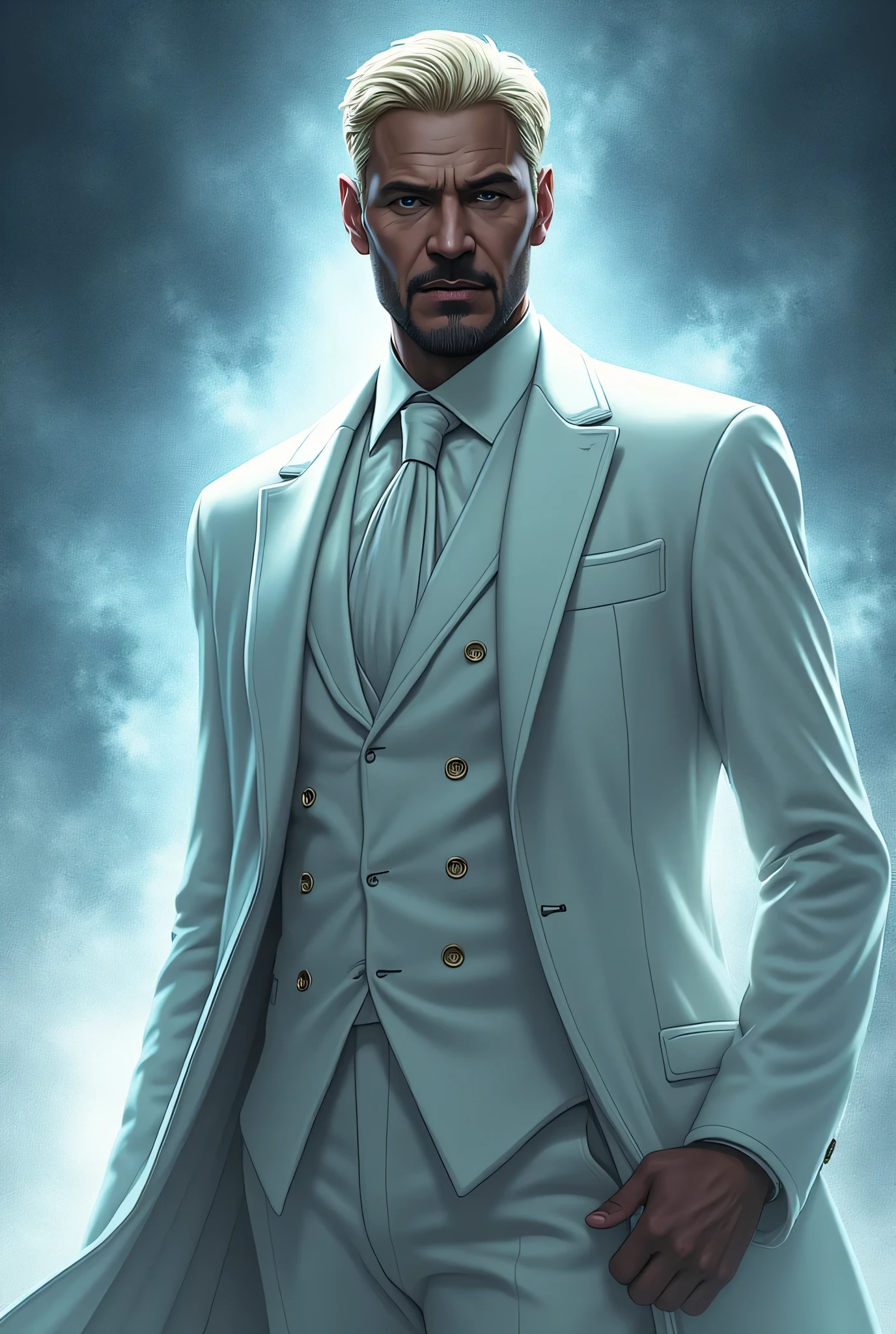 Gregory Stark, Tony Stark's twin brother from the Marvel Universe. A tall man with noble blacks faces, with a well-groomed beard and blond hair. He is wearing an elegant white suit with a long coat, with a white shirt and a formal tie, , which emphasizes his sophisticated. His look is confident and slightly arrogant, that conveys his intelligence and ambitions. The background is an abstract,  cool tones , with a radiant, style that creates an atmosphere of power and mystery. High resolution, realistic detail, Marvel comic book style, cinematic lighting, Professional color correction.