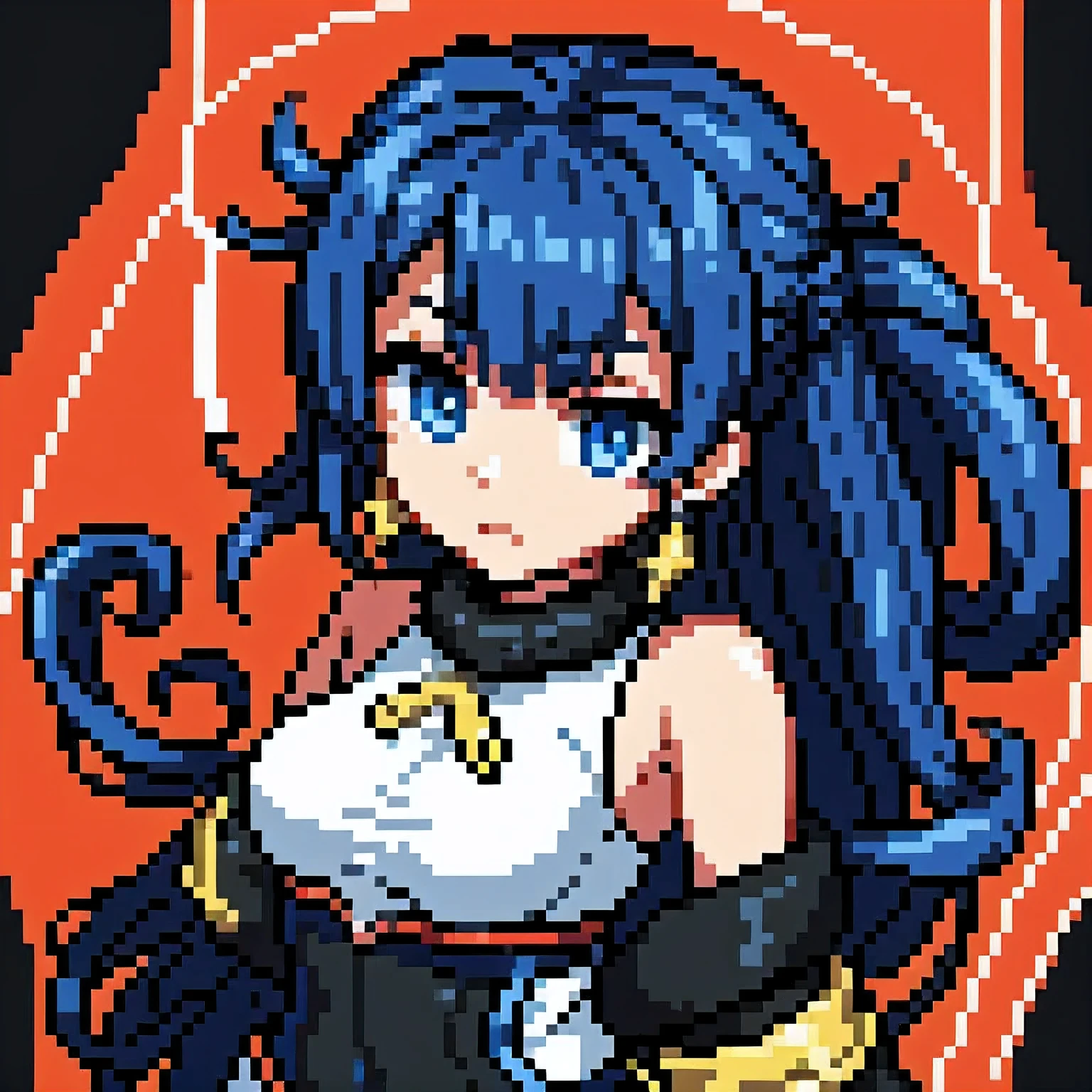 Twintail, red haired, 1girl, grey eyes, well toned, well built, muscled, toned muscles, formal attire, pixelated