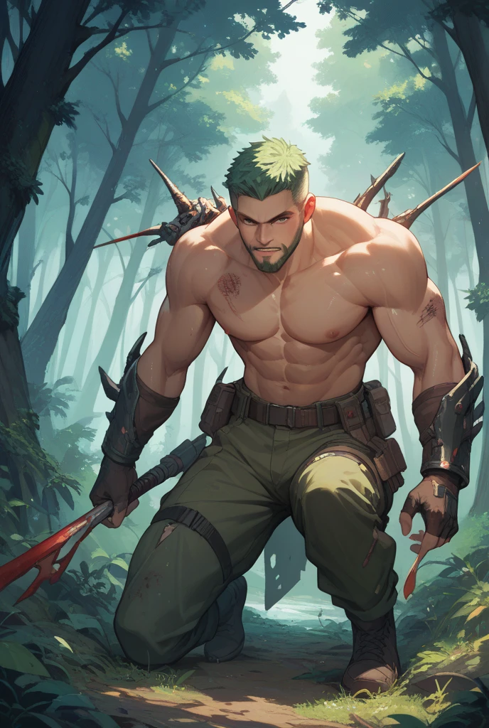 (masterpiece: 1.2), (very detailed: 1.2), (perfectly detailed), (very detailed and beautiful: 1.1) solo, 1 boy, male only, muscular male, Mentaiko art style, dynamic pose, shaved temples, thick stubble, has thick stubble, body hair, action scene, detailed face, at full height, nature magic, Druid
