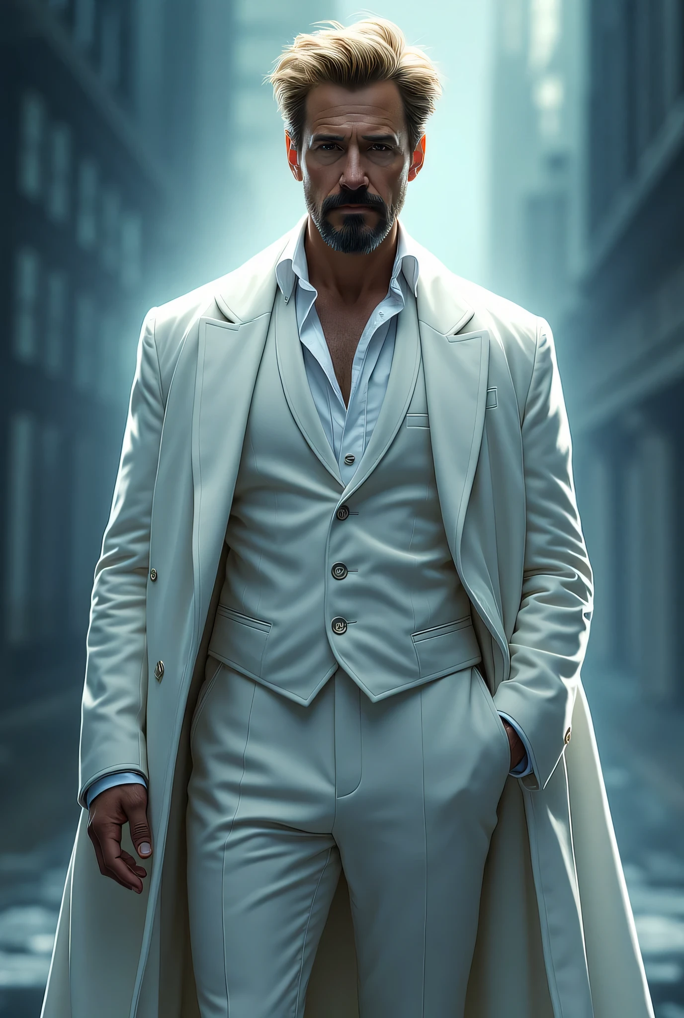 Gregory Stark, Tony Stark's twin brother from the Marvel Universe. A tall man with noble blacks faces, with a well-groomed beard and blond hair. He is wearing an elegant white suit with a long coat, with a white shirt and a formal tie, , which emphasizes his sophisticated. His look is confident and slightly arrogant, that conveys his intelligence and ambitions. The background is an abstract, cool tones , with a radiant, style that creates an atmosphere of power and mystery. High resolution, realistic detail, Marvel comic book style, cinematic lighting, Professional color correction.