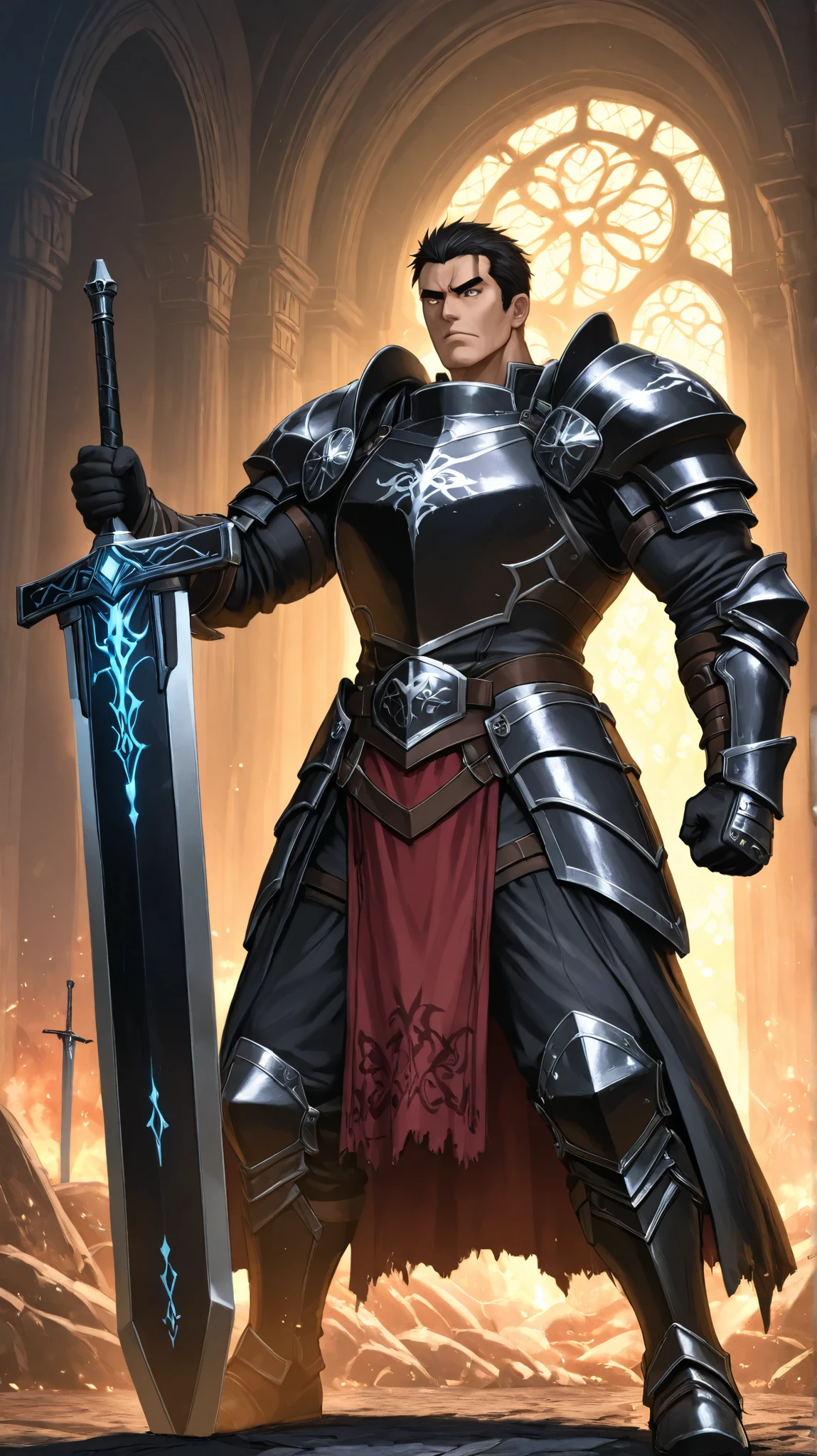 "A legendary undefeated male fighter named Darius Ironblade, a warrior whose mastery of combat is unmatched. He has never known defeat, his skill honed through countless battles and relentless training. While proficient in all manner of weapons, he favors a colossal greatsword, wielding it with ease despite its immense size. His presence alone instills both awe and fear, a living testament to the power of an indomitable will.
Darius has a towering, muscular build, his body scarred from past battles yet showing no signs of weakness. His face is strong and resolute, his sharp eyes filled with the wisdom of a seasoned warrior. His dark hair is short and practical, free of unnecessary ornamentation. He wears well-worn yet finely crafted armor, a mix of plate and leather designed for both protection and mobility. His greatsword, a weapon of sheer destruction, rests against his shoulder or is planted firmly into the ground, signifying his unwavering resolve.
He stands in a full-body pose, exuding confidence and strength, either gripping his sword with both hands in preparation for battle or resting it casually as if daring his next opponent to challenge him. His stance is powerful yet disciplined, the mark of a true master of combat. The background could depict a desolate battlefield, an ancient warrior’s hall, or a bloodstained arena where countless challengers have fallen before him. The atmosphere around him is charged with tension, as if the world itself acknowledges his undefeated legacy.
Lighting: A bold 30-degree light source, casting strong highlights on his armor and deep shadows that emphasize his formidable presence.
Style: High-quality, Unreal Engine-style graphics with realistic textures, intricate armor details, and a dynamic, battle-ready composition.
Overall Feel: Powerful, disciplined, and legendary, embodying the essence of an undefeated master of the blade.
Genre: Western medieval dark fantasy.
Atmosphere: Intense, commanding, and heroic, capturing