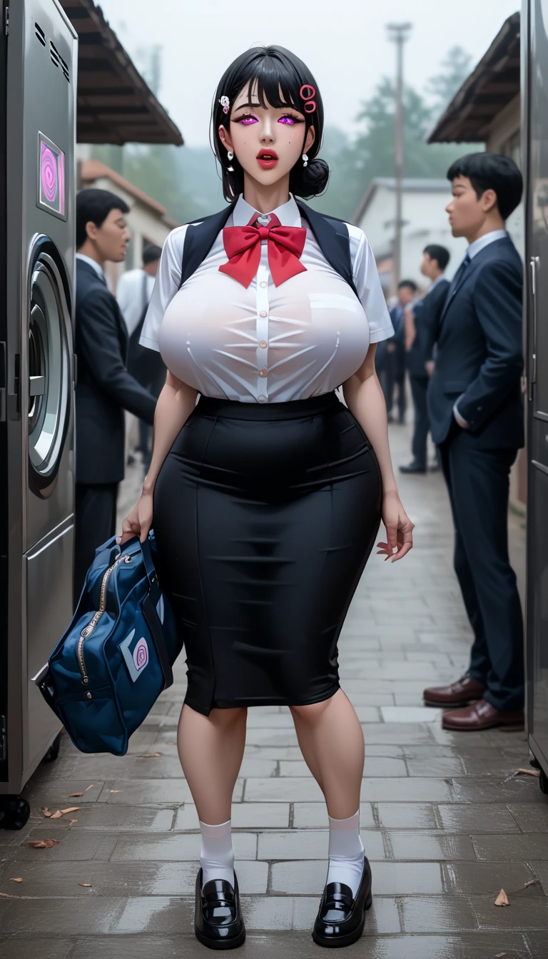((masterpiece,best quality, ultra high quality)), ultra wide camera,a beautiful girl, solo, ,naked, giant boobs, nipple, pubic hair, pussy, twin braids, black hair, glasses , TOKYOcty, shinjuku, sodden , Embarrassed pose, Bedwetting, full body, Bright white skin, exhibition, Walk through the city, main street, transparent stockings, High heels, very detail.