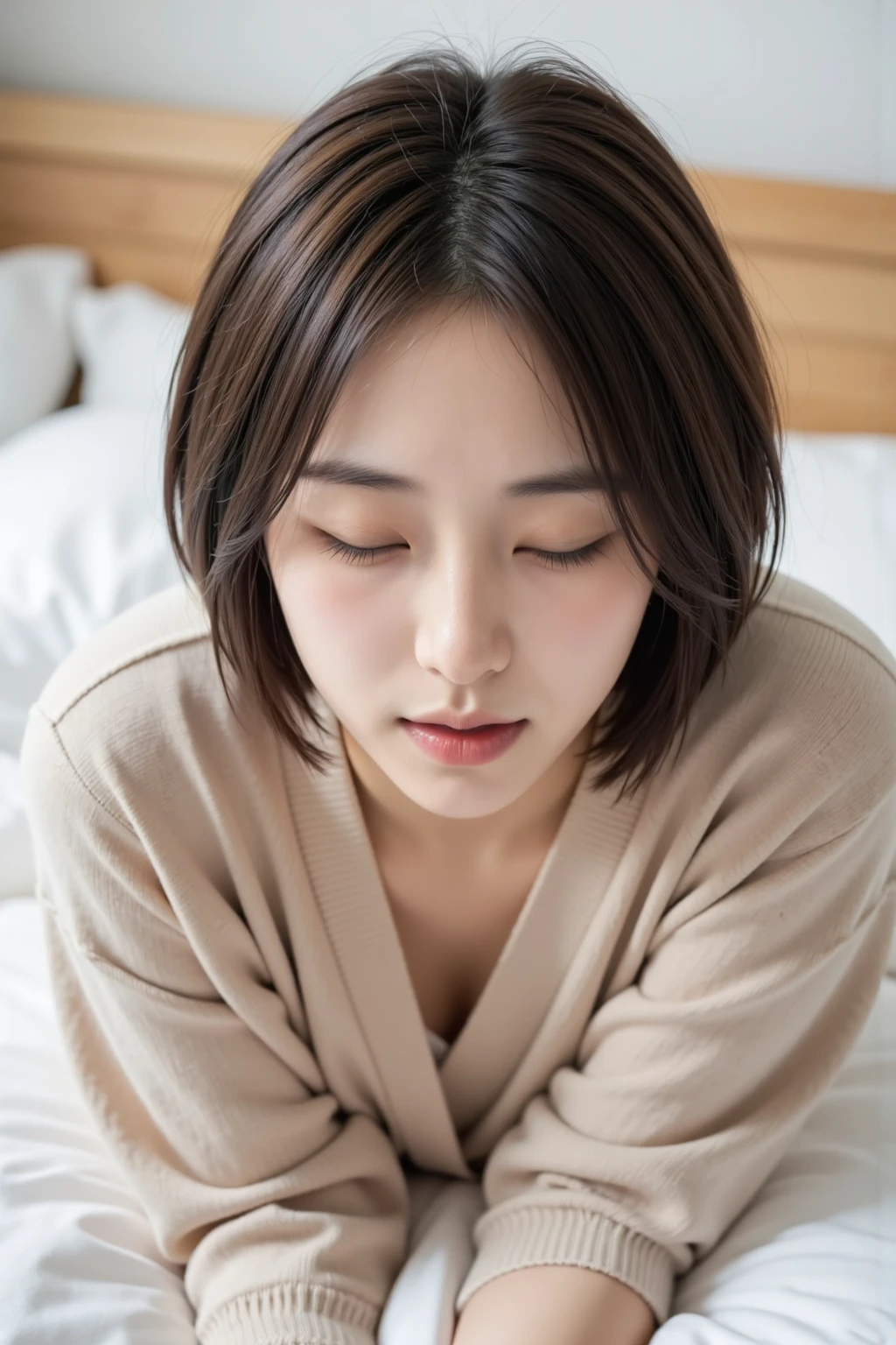 zydG, ((lying)), pussy focus, 1girls, fetal position, closed eyes, (brown very short hair:1.2), (light hair), (medium breasts:1.4), (photorealestic:1.4), (Top image quality:1.0), (UltraHighResolution:1.0), 8K, Raw photography, (A masterpice:0.2), track and field uniforms, ((t-shirt)), (sweat, wetty:1.1), portlate, ful body,(pureerosface_v1:0.5), locker room, ((on bed))