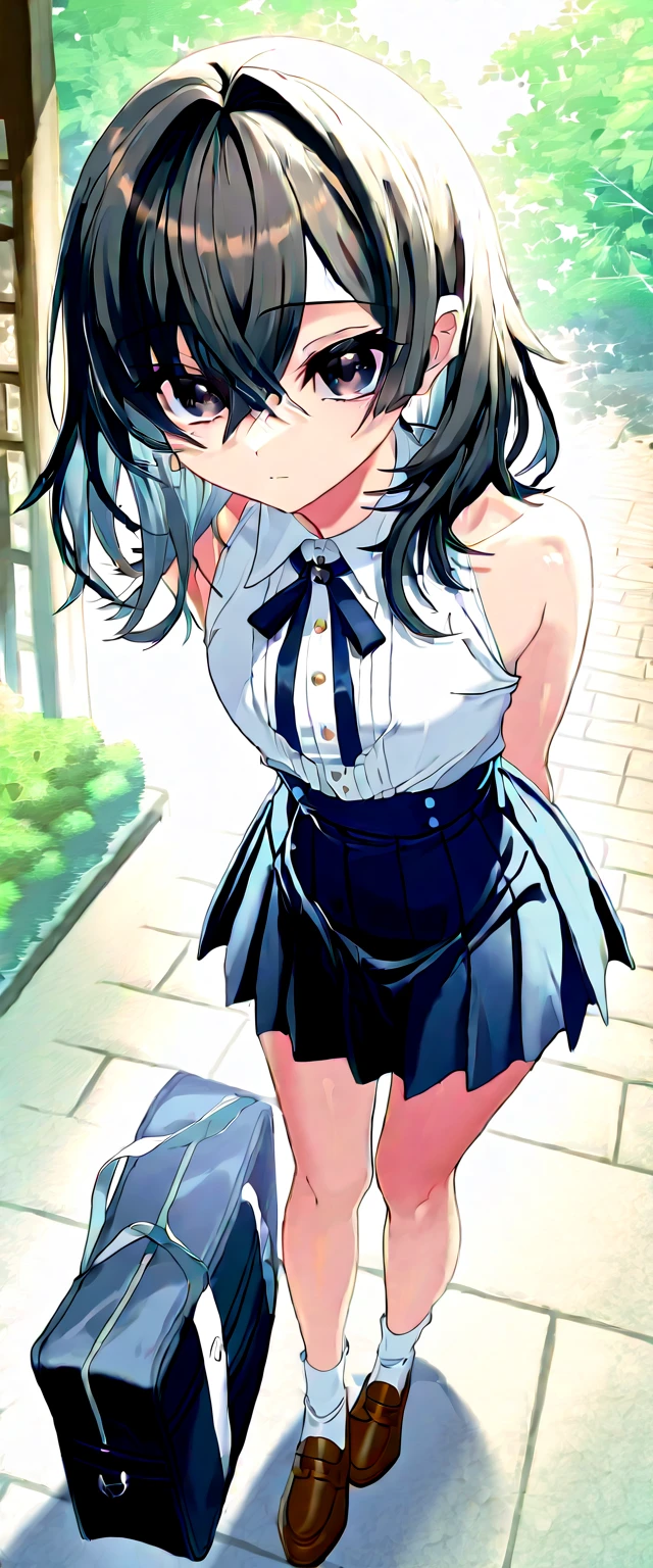 8K, Attractive, intensely detailed, 20 Year Old Girl, sexy and attractive woman with dark, black hair. She has beautiful sky-blue eyes with a heart inside. She is dressed in white, short and unbuttoned shirt. She is wearing a blue miniskirt. Her skirt is lifted up, and from under the skirt we see sexy, black lace panties with bow.