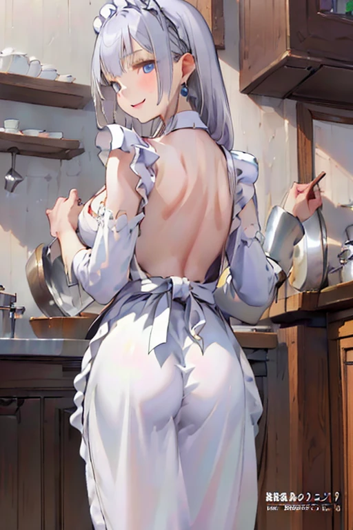 (masterpiece), (Best image quality), (Ultra high definition), (Best illustrations), (Best Shadow), 超A high resolution, (Photorealistic:1.4), One girl at home, kitchen、nude、((the chest is covered with a transparent white apron,,、Transparent apron with pleated shoulder straps and white heart-shaped pockets)), clavicle, (Soft Big、small areola,、has protrusions,), (Ponytail and triangular width、Bans), Seeing the viewer,huge 、(smile、Embarrassed laugh)、soft and big buttocks、(Cotton panties、Low leg panties with white and light blue stripes、Small panties with a low cut)、Being penetrated from behind by a man、I'm having sex with a guy