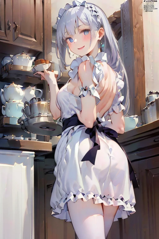 (Masterpiece), (Best Definition Animated Illustration), (Super Definition), One Girl, Solo, Beautiful Girl with Silver Hair, Anime Loli, Cute Loli, Cat Ear Loli, See-Through Naked Apron, Wet Sheer, Cottage with Mountain and Lake View
