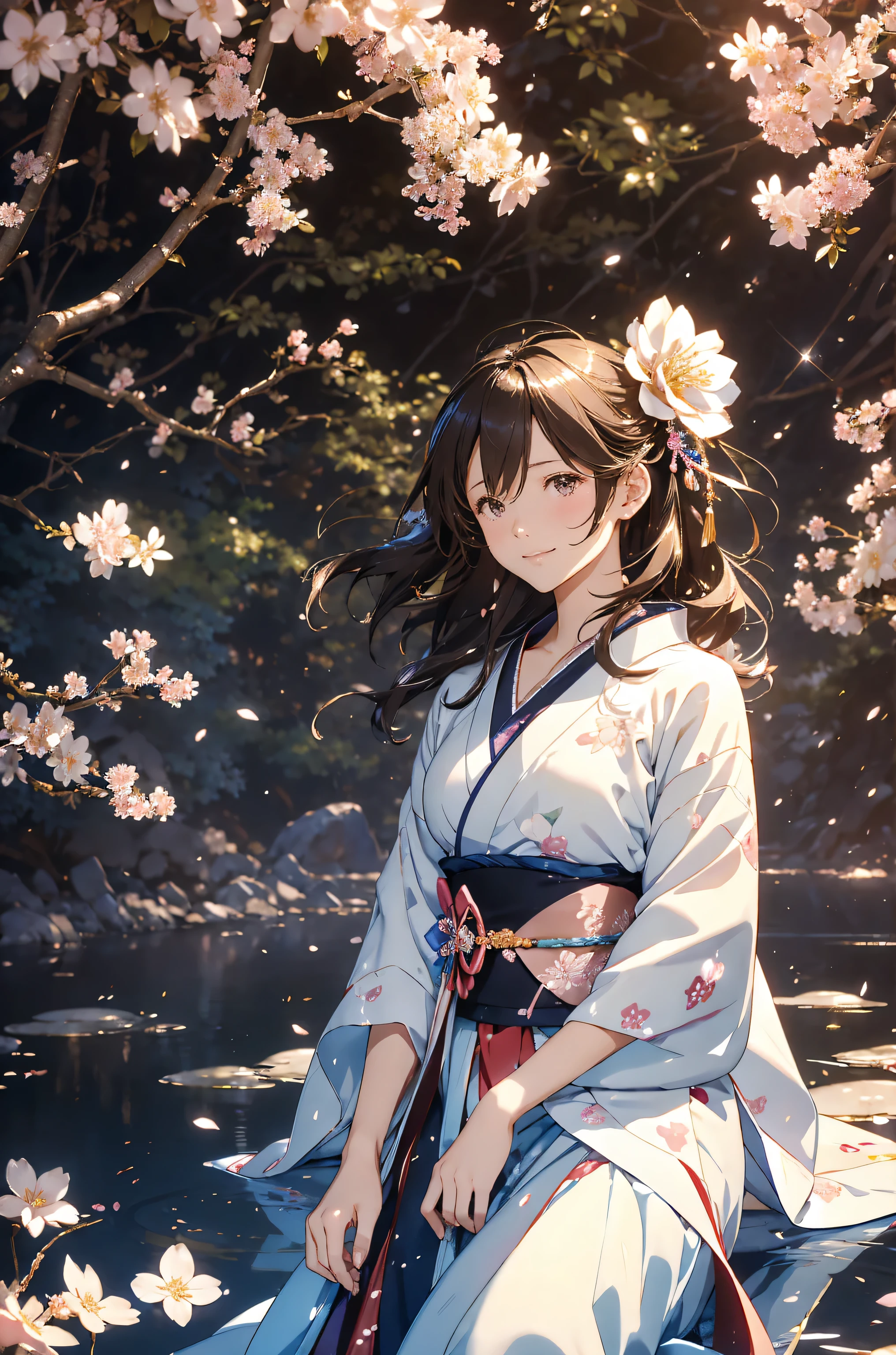 top quality mystical 、(cowboy shot) Japanese Anime Character Design サムライ 1 WOMAN 爽やかsmile!smile! gentle gaze , beautiful eyes 、、 Chest 130 Beautiful Constriction 、 、 Beautiful Brown Skin 、、 music healing simple configuration flower、 beautiful beautiful nature、
cherry blossoms Beautiful Sparkle 、long black hair、Colorful Japanese Kimono Dress with a Flower Design Calm Atmosphere 、 petals、 open 、 Beautiful Young Body like々flabby skin, Sparkle, high definition depiction , realistic fantasy beautiful illuminated light、romanticism,,