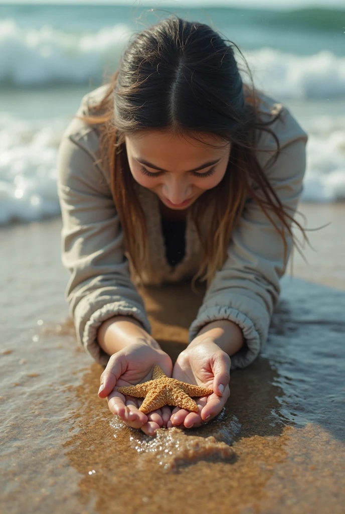 A woman hitting a small crab