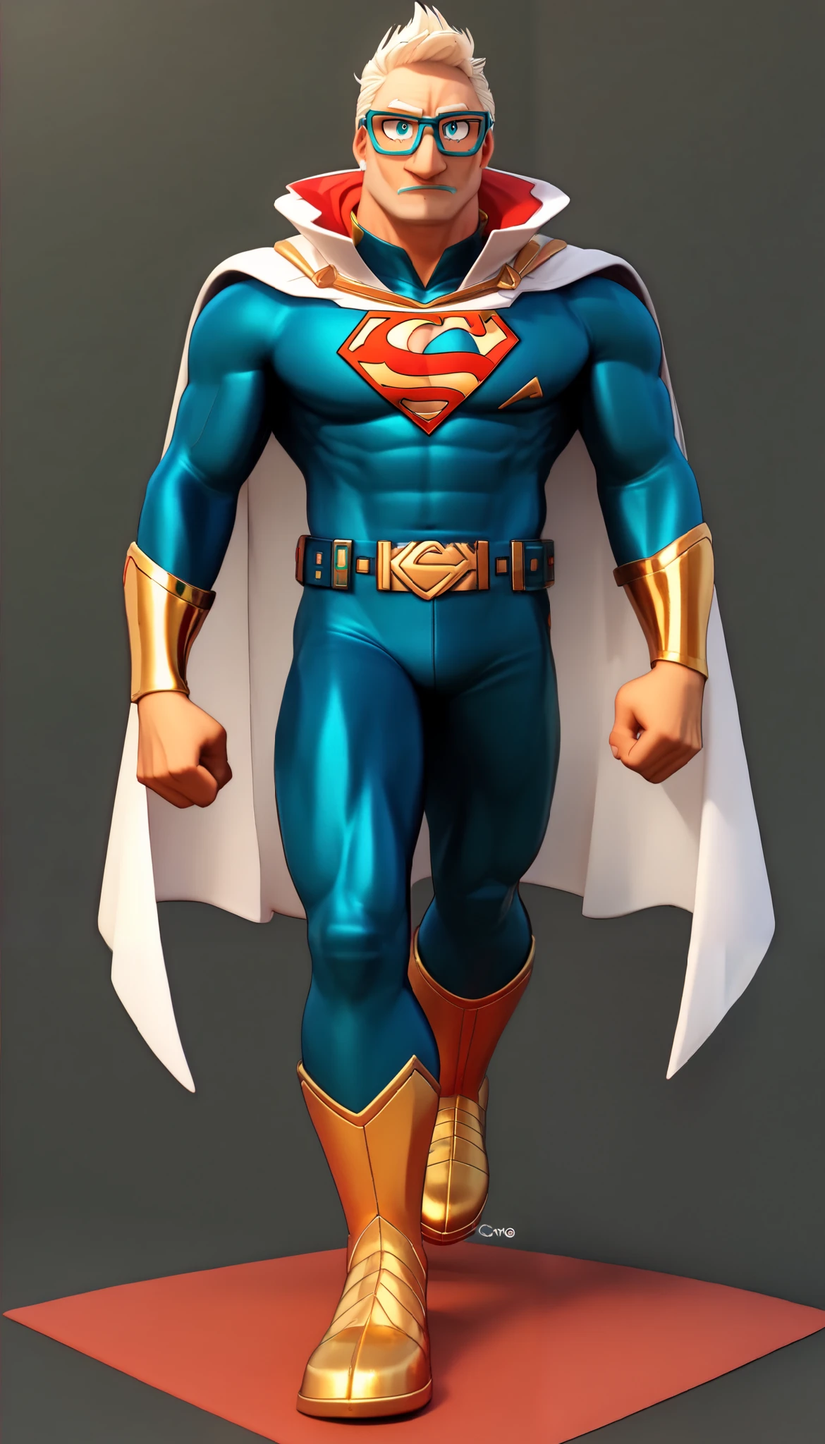 (My Hero Academia Style), ((OC)), ((1guy)), ((male)), (Anthro), ((perfect face)), (((perfect hands))), ((perfect anatomy)), (Knee gap), (Ankle Gap), ((standing)), ((looking at viewer)), ((plain background)), ((full body photo;1.5)), ((Older man)), ((mature man)), ((athletic body)), (Superman Suit), (Cyan Blue Bodysuit), ((White cape with red interior)), ((Superman logo on chest)), (((Golden chest logo))), (((Golden bracers and belt))), ((Defined musculature)), ((Square chin)), ((Cyan Blue Eyewear)), (((High Neck Cape))), ((Eyewear)), ((Cyan Blue Eyes)), (((white calf boots with gold toe))), (((severe look))), ((serious expression)), (Neutral gesture),