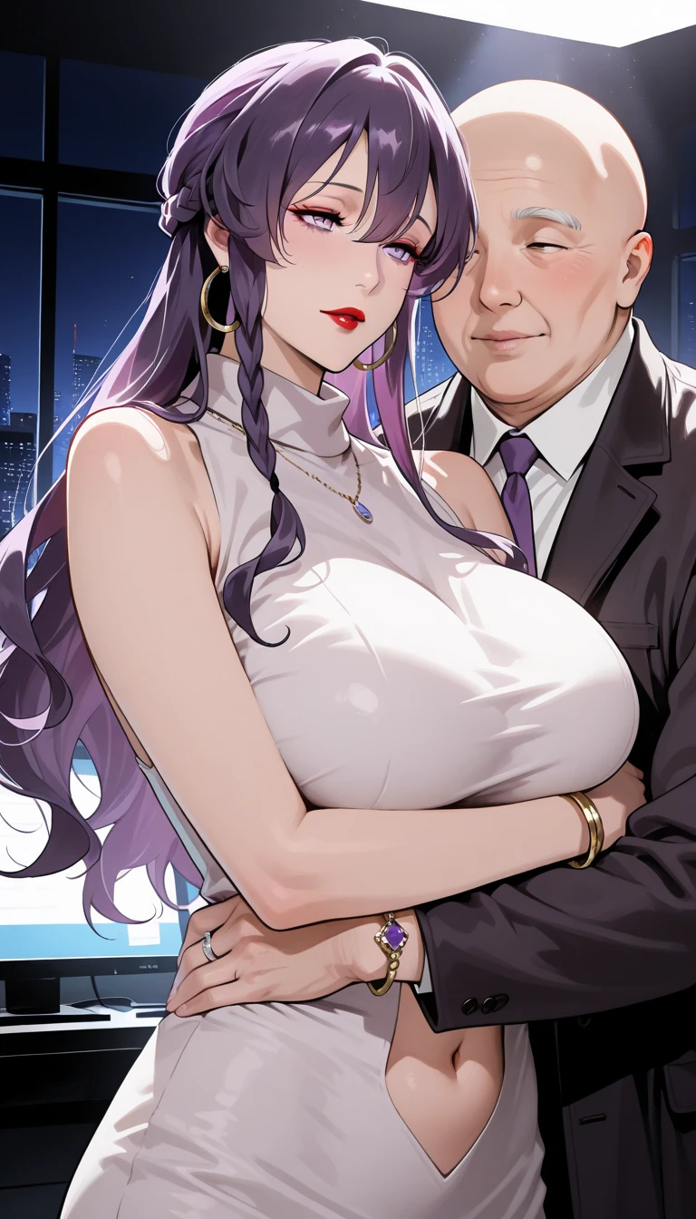 Purple couple, sexy, half naked, just a man and a woman, wearing few clothes, big breasts --auto --s2