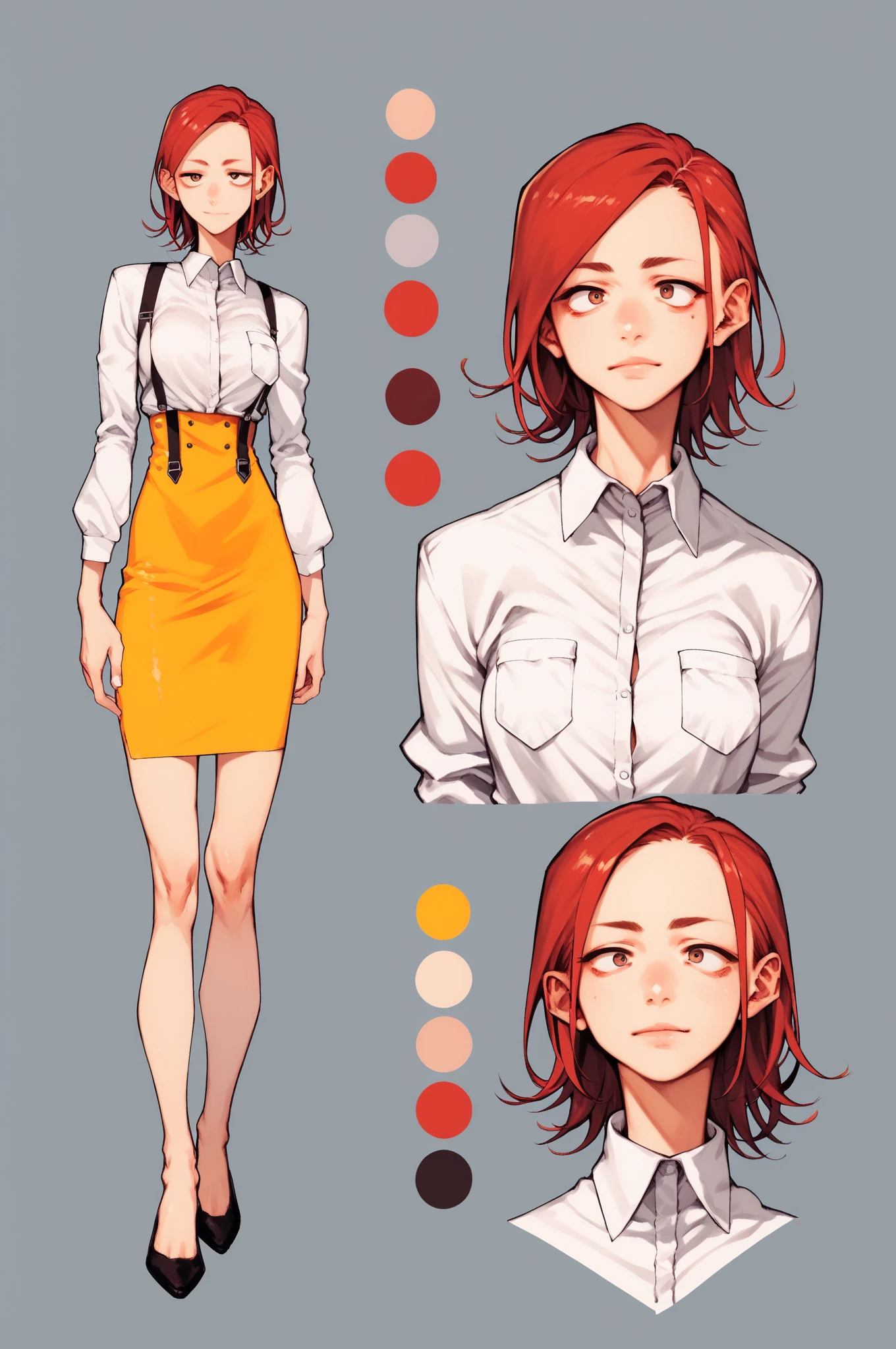 (((4K,masterpiece,best quality,ultra detailed,high resolution))),((from behind,long shot)),((solo)), (( teen)), small teenager, tiny teen, (((flat chest))) with short orange hair and dyed bangs, wearing a white dress shirt with long sleeves, (((high waist black pants))), braces and a tie, smiling with freckles, white background, multiple views,, big ass