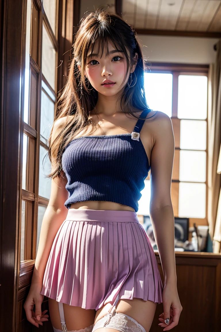 extremely detailed CG unity 8k wallpaper, best quality, ultra-detailed, masterpiece, realistic, photo realistic, extremely detailed cute girl, 20years old, (((skirt lift by myself))), (skirt lift), panties , panties focus, blush, parted lips, looking at viewer , half body shot , (crowd), (crowded museum) , curl outward hair