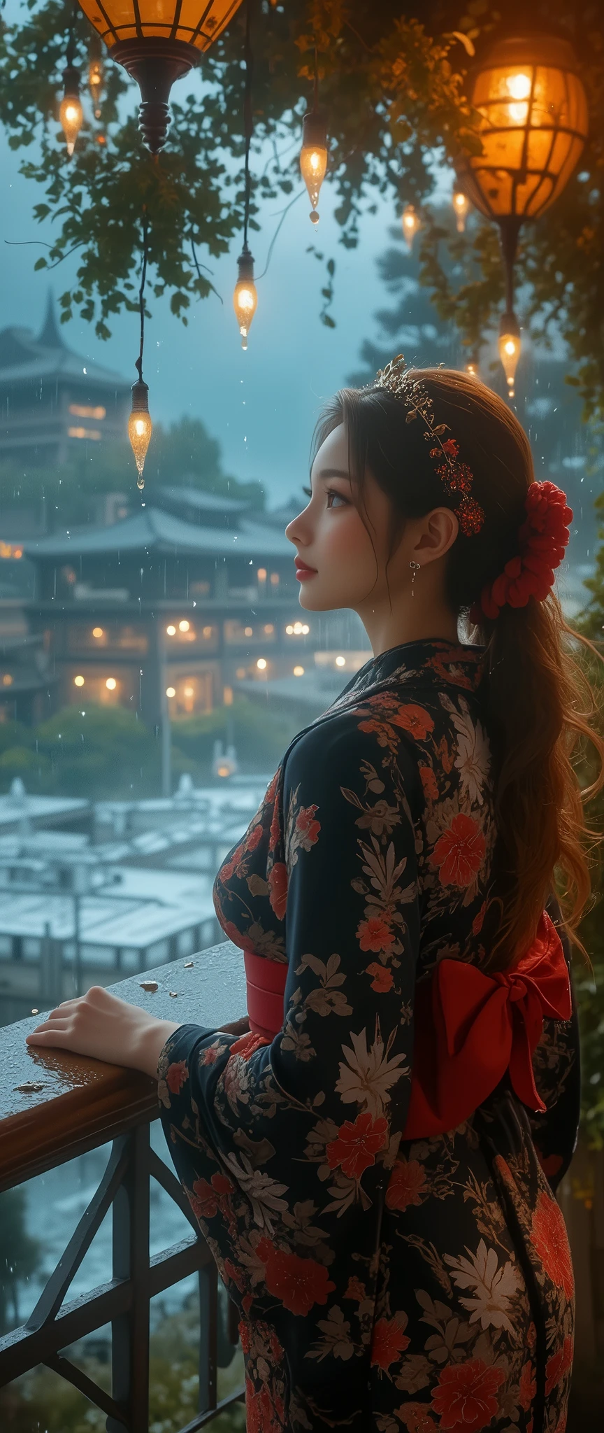 (close up Raindrops Dripping from the Roof:2.0), best quality , high image quality during sick leave, 16k, unbelievably ridiculous , very well detailed, 2.5D, delicate and dynamic, cute sexy girl, captivating smile on the top of the head, , back view of a beautiful busty Japanese girl in a kimono gazing at raindrops (falling from the roof) of a cafe of a luxury hotel on the Riviera coast, view from outside, glitter effect, silence, quiet,, diffuse reflection of light, gloomy rainy sky, Kyoto, glitter effect