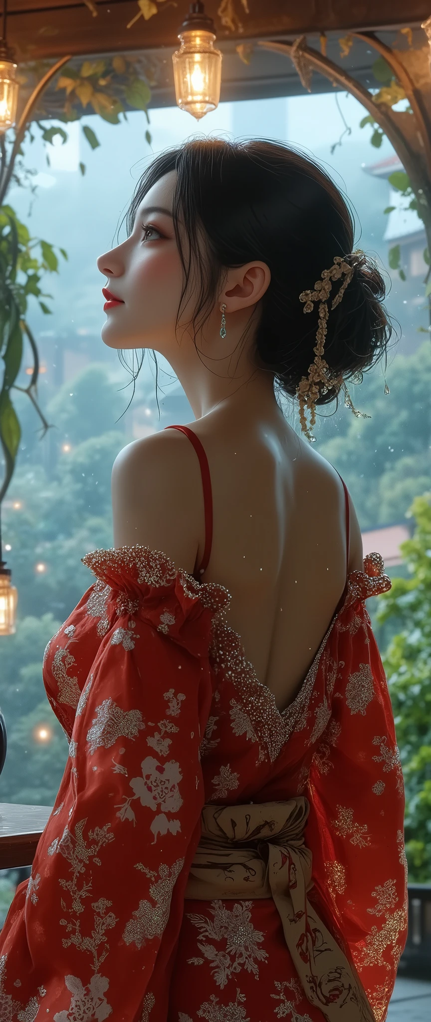 (close up Raindrops Dripping from the Roof:2.0), best quality , high image quality during sick leave, 16k, unbelievably ridiculous , very well detailed, 2.5D, delicate and dynamic, cute sexy girl, captivating smile on the top of the head, , back view of a beautiful busty Japanese girl in a kimono gazing at raindrops (falling from the roof) of a cafe of a luxury hotel on the Riviera coast, view from outside, glitter effect, silence, quiet,, diffuse reflection of light, gloomy rainy sky, Kyoto, glitter effect