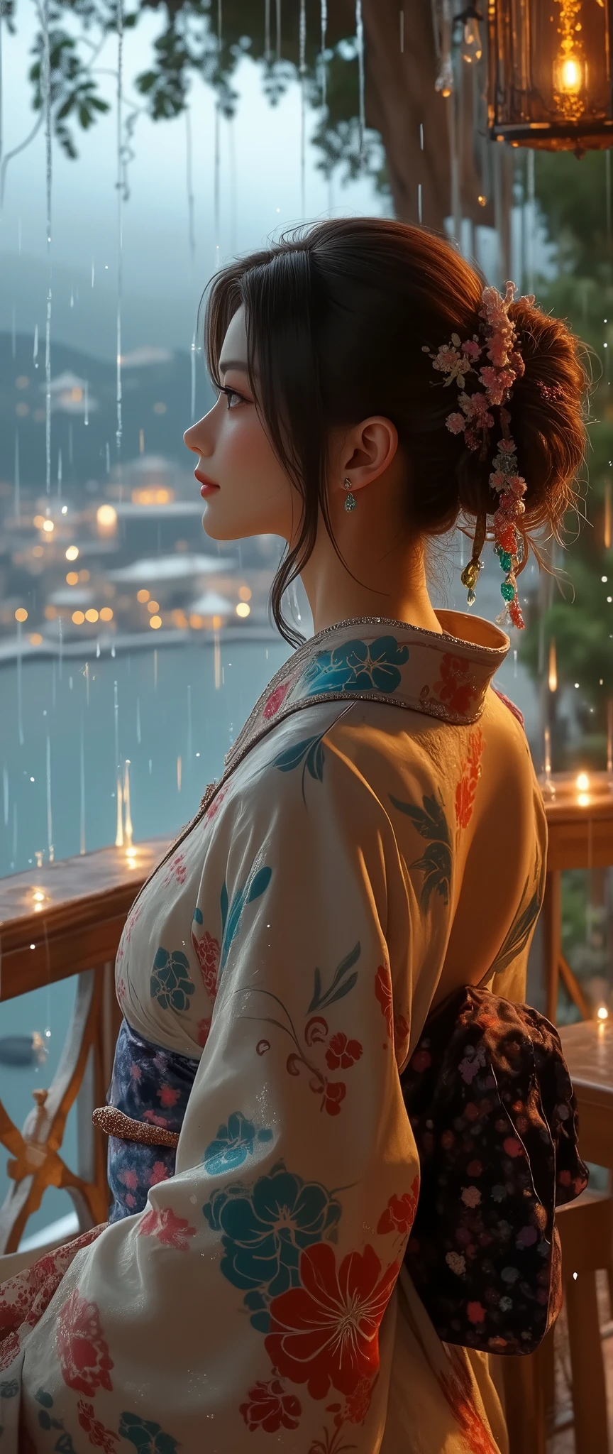   (close up Raindrops Dripping from the Roof:2.0), best quality , high image quality during sick leave, 16k,   unbelievably ridiculous ,  very well detailed, 2.5D,  delicate and dynamic,  cute sexy girl,  captivating smile on the top of the head, , back view of a beautiful busty Japanese girl in a kimono gazing at raindrops (falling from the roof) of a  cafe of a luxury hotel on the Riviera coast, view from outside, glitter effect, silence, quiet,, diffuse reflection of light, gloomy rainy sky, Kyoto, glitter effect
