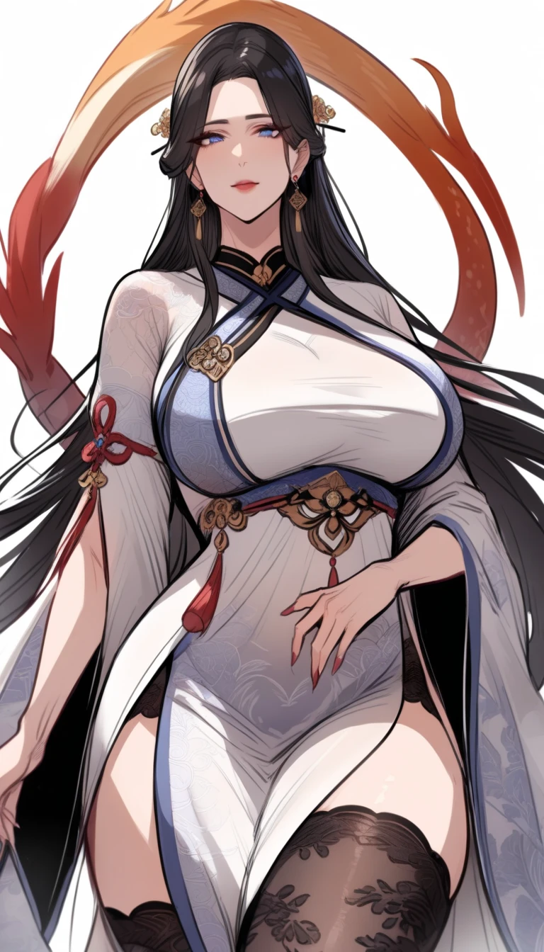 1 Woman, mature, High (1.85 cm), looks about 35 years old, has long black hair, straight and shiny, tied in the Chinese Taoist style, majestic black eyes, Extremely detailed eyes, perfect eyes, đôi mắt cực kỳ thực tế, balanced eyes, Long eyelashes, Anime style, perfect face, milf face, full red lips, mature, smooth white skin, natural body, sexy body, milf body, Perfect hands, detailed hands, arms in proportion to the body, đôi tay thực tế, arm with good anatomy, She was wearing only a red Chinese style dress decorated with gold and silver with phoenix motifs woven into the dress but still could not hide her extremely large and gigantic breasts., very big breasts, four hands can lift,breasts sag due to their size, thick thighs, wide hips, look at the viewer, The background is a Chinese-style pavilion., pose alone, look at the viewer.