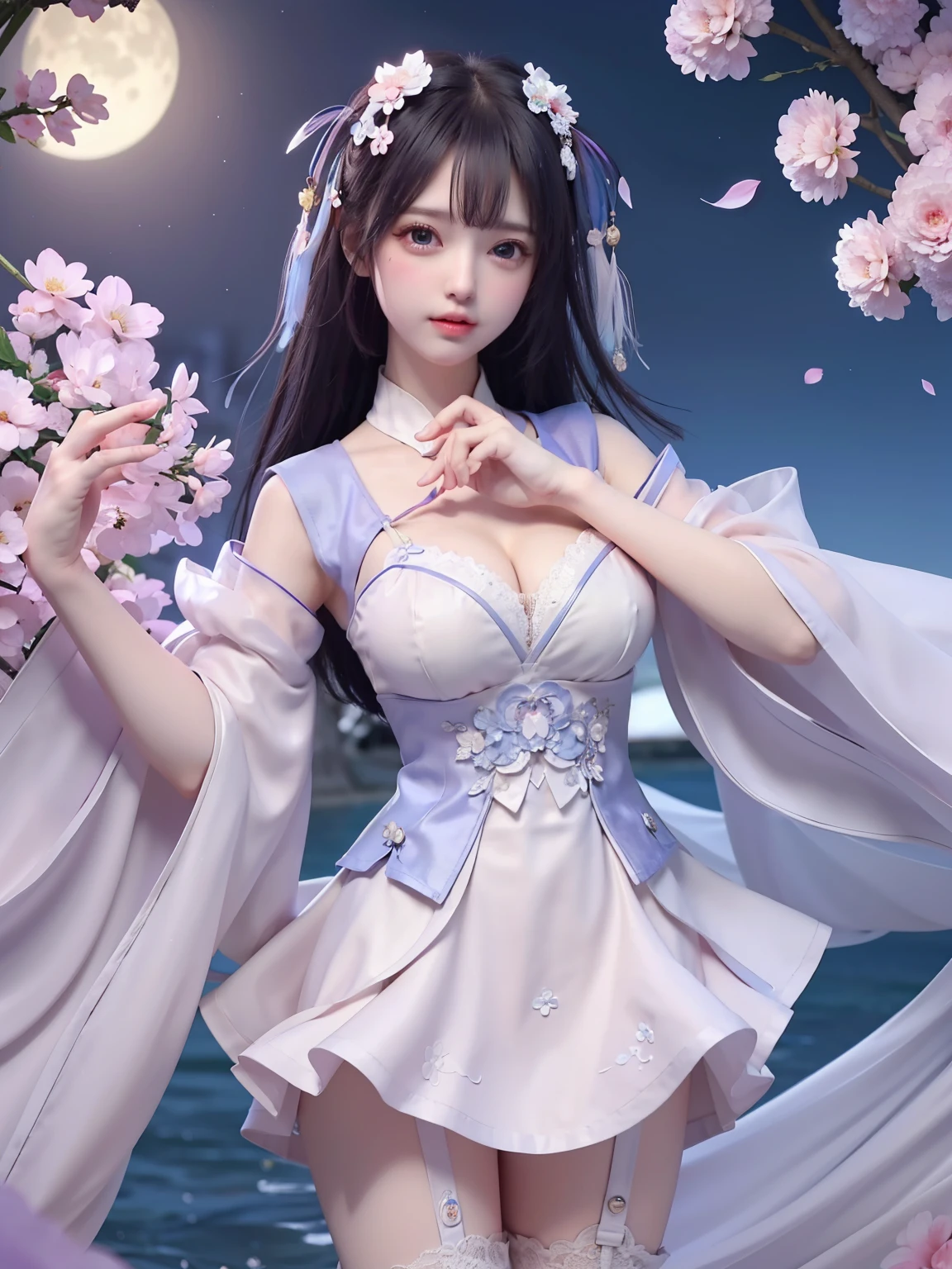 (8k, RAW photo:1.2), best quality, ultra high res,dramatic angle,(fluttered detailed color splashs), (illustration),(((1 girl))),(long hair),(rain:0.9), (Headdress:1.4),There is an ancient palace beside the girl,Hanfu,(Key Points),Color ink painting,(Splash of Color),Splash of Color,(((colorful))),(sketch:0.8) , Masterpiece, best quality, beautiful painted, highly detailed,(denoising:0.6),[splash ink],((ink refraction)), (beautiful detailed sky),moon,highly,detaild,(masterpiece, best quality, extremely detailed） CG Unity 8k Wallpaper，masterpiece，best quality，Ultra Detailed），（Lycoris）.shoulder ballet dress open V-chested clothes Thin silk lace dress short skirt , (huge ，cleavage),, white pink, blue ，best qualtiy，tmasterpiece，Ultra-high resolution，（Reality：1.4），RAW photogr，（True skin texture：1.3），（filmgrain：1.3），（Selfie angle），1个Giant Breast Girl，Beautiful eye and face details，tmasterpiece，Best quality at best，，The chest more exposed， detailed hair, bra pink , detail 8k, full body, lace petticoat, lying on bed