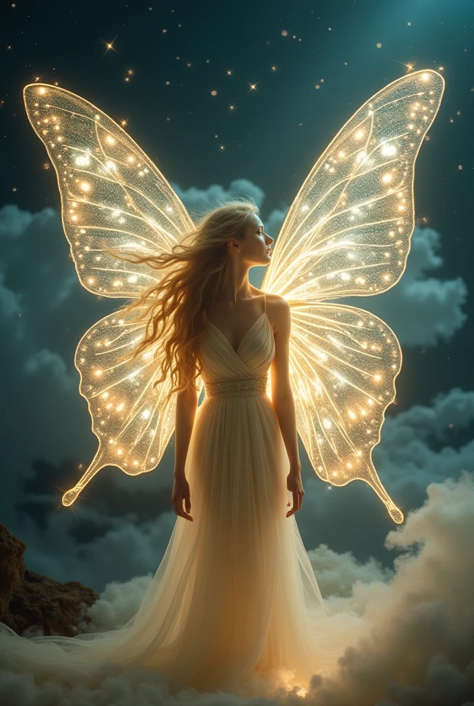 The celestial beauty of iridescent wings and radiating light, Swirling galaxy and space dust in the background. Inspired by Art Nouveau, Her appearance is graceful and elegant, Flowing lines and organic shapes evoke the beauty of the natural world.