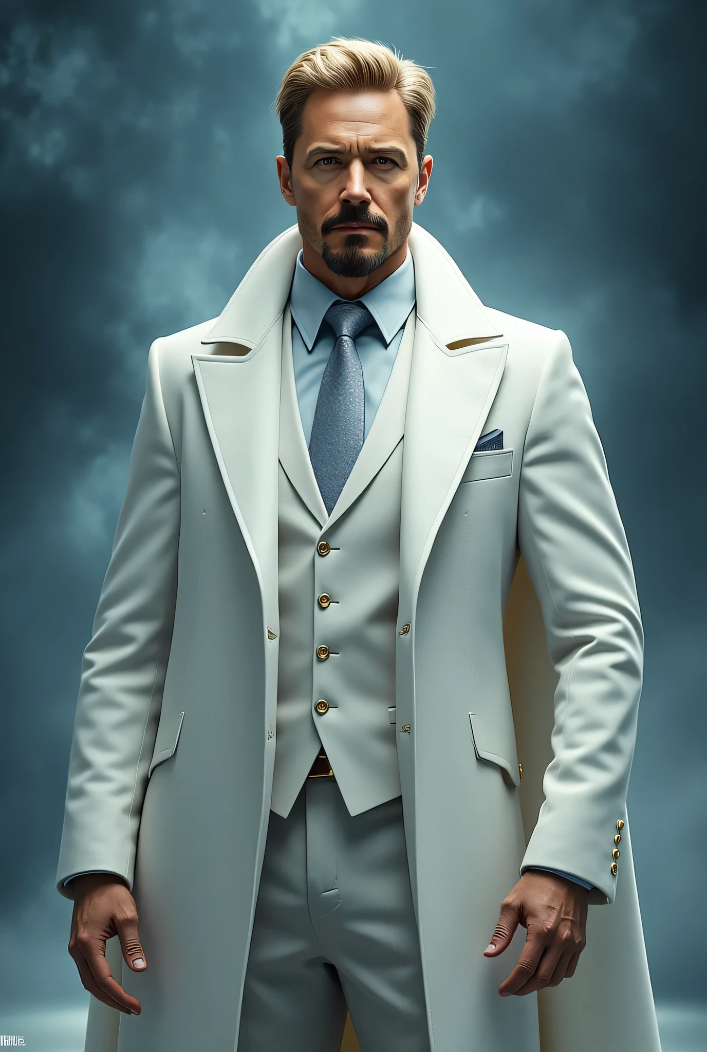 Gregory Stark, Tony Stark's twin brother from the Marvel Universe. A tall, pumped up man with noble facial features, with a well-groomed beard and blond hair. He is wearing an elegant white suit with a long coat, with a white shirt and a formal tie, , which emphasizes his sophisticated. His look is confident and slightly arrogant, that conveys his intelligence and ambitions. The background is an abstract,  cool tones , with a radiant, style that creates an atmosphere of power and mystery. High resolution, realistic detail, Marvel comic book style, cinematic lighting, Professional color correction.