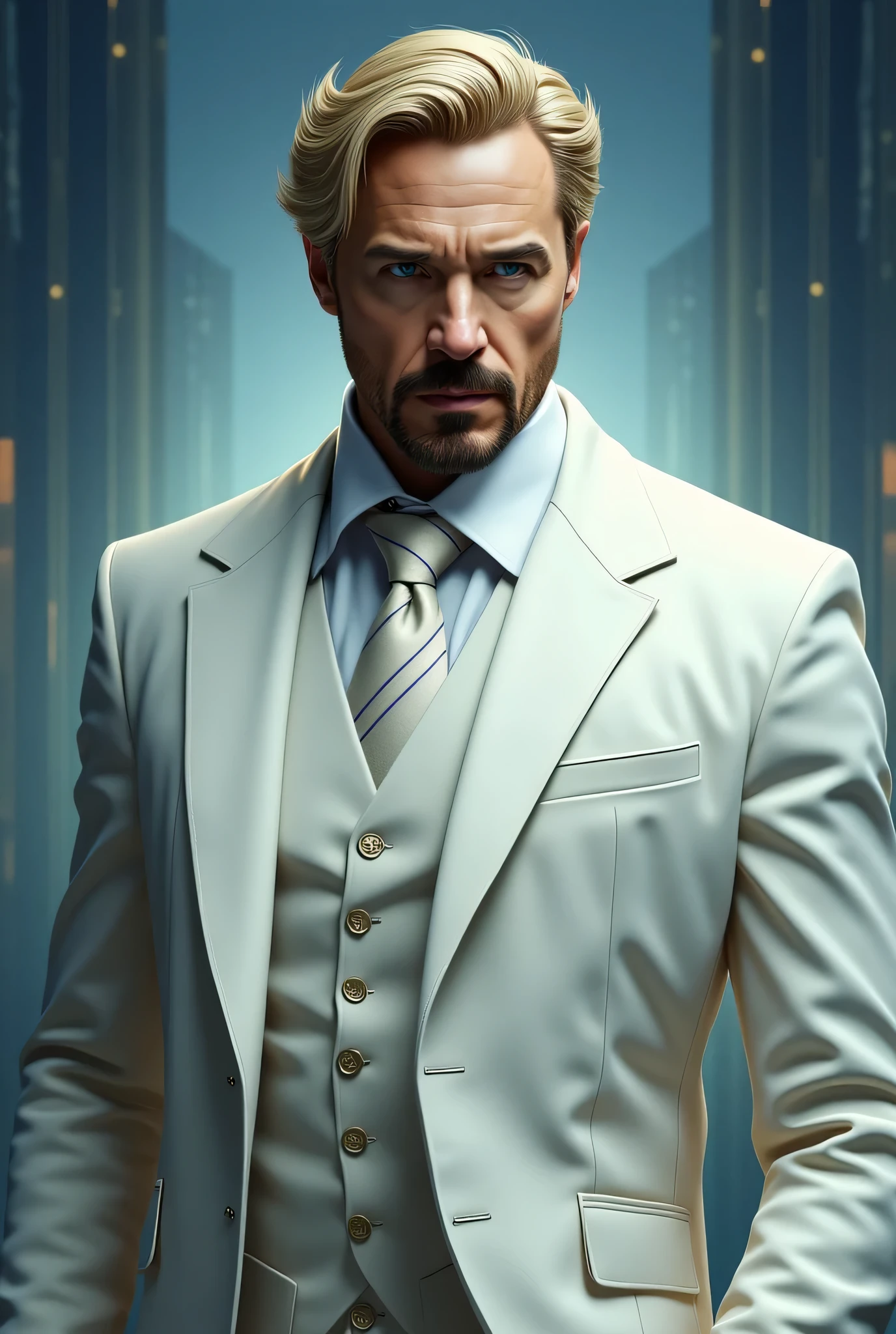 Gregory Stark, Tony Stark's twin brother from the Marvel Universe. A tall, pumped up man with noble facial features, with a well-groomed beard and blond hair. He is wearing an elegant white suit with a long coat, with a white shirt and a formal tie, , which emphasizes his sophisticated. His look is confident and slightly arrogant, that conveys his intelligence and ambitions. The background is an abstract, cool tones , with a radiant, style that creates an atmosphere of power and mystery. High resolution, realistic detail, Marvel comic book style, cinematic lighting, Professional color correction.