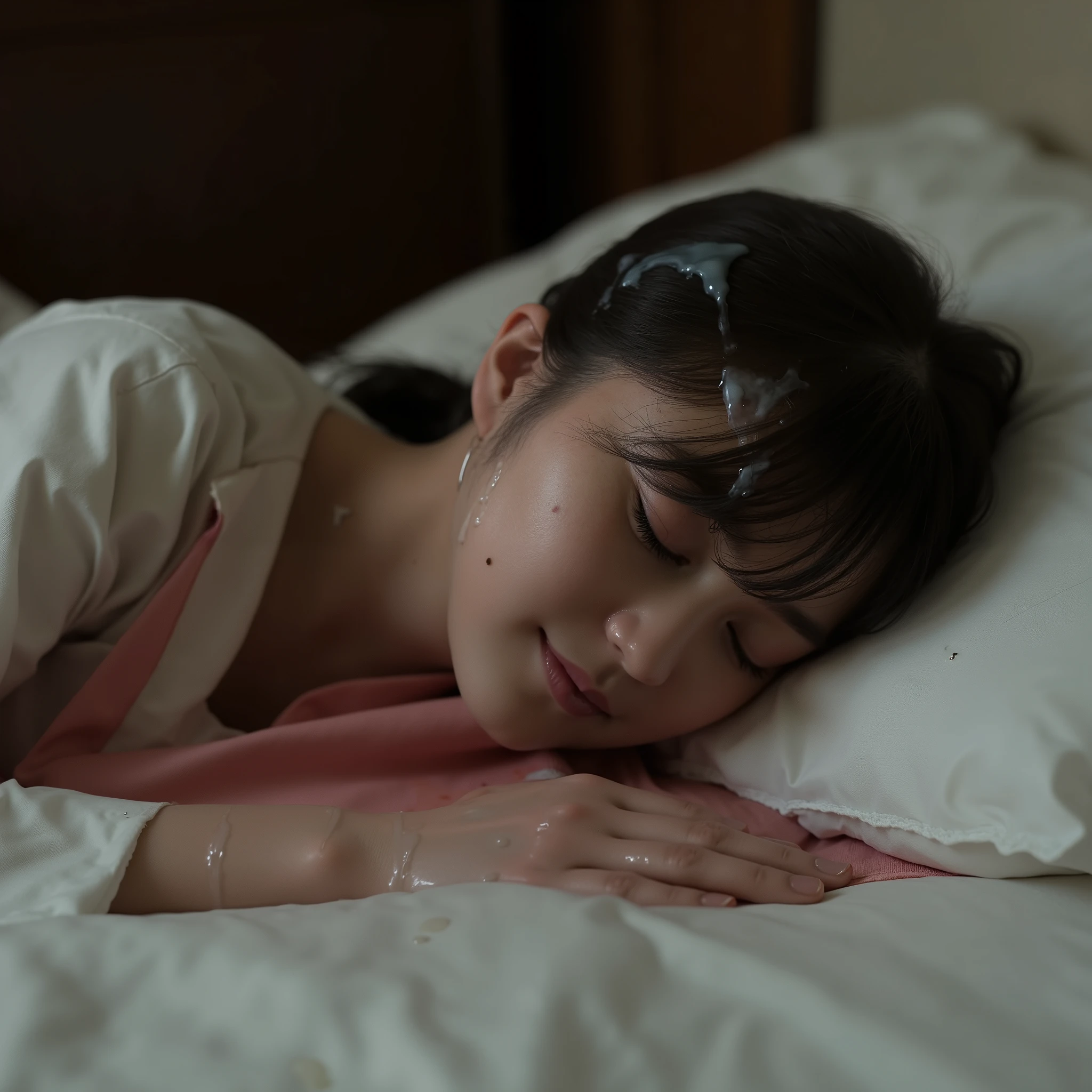 A pretty Japanese stewardess is laying unconscious on the bed, sleeping, eyes close, cum on head, a lot of cum on face, cum on cheek,