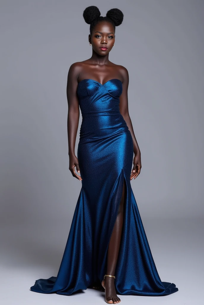 “A glamorous Black woman in an elegant evening gown, with bold makeup and styled hair, posing confidently on a luxurious red carpet with sparkling lights in the background.”