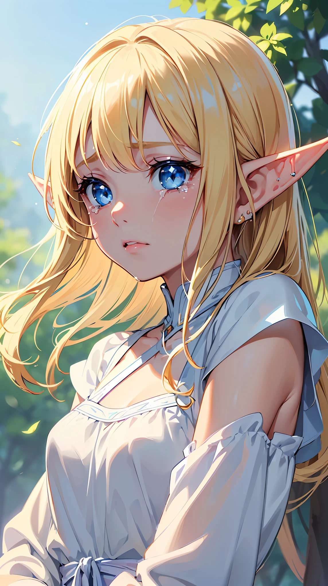 16k、masterpiece、High definition、High resolution、((Young Elven Woman))、((Beautiful white skin))、((Beautiful blonde))、((Sparkling blue eyes))、((Pointed Ears))、((about to be crying))、tears, Flax dress、Simple clothes、clear blue sky、hamlet on background, Look at me、covering pose, ((Close up of upper body))