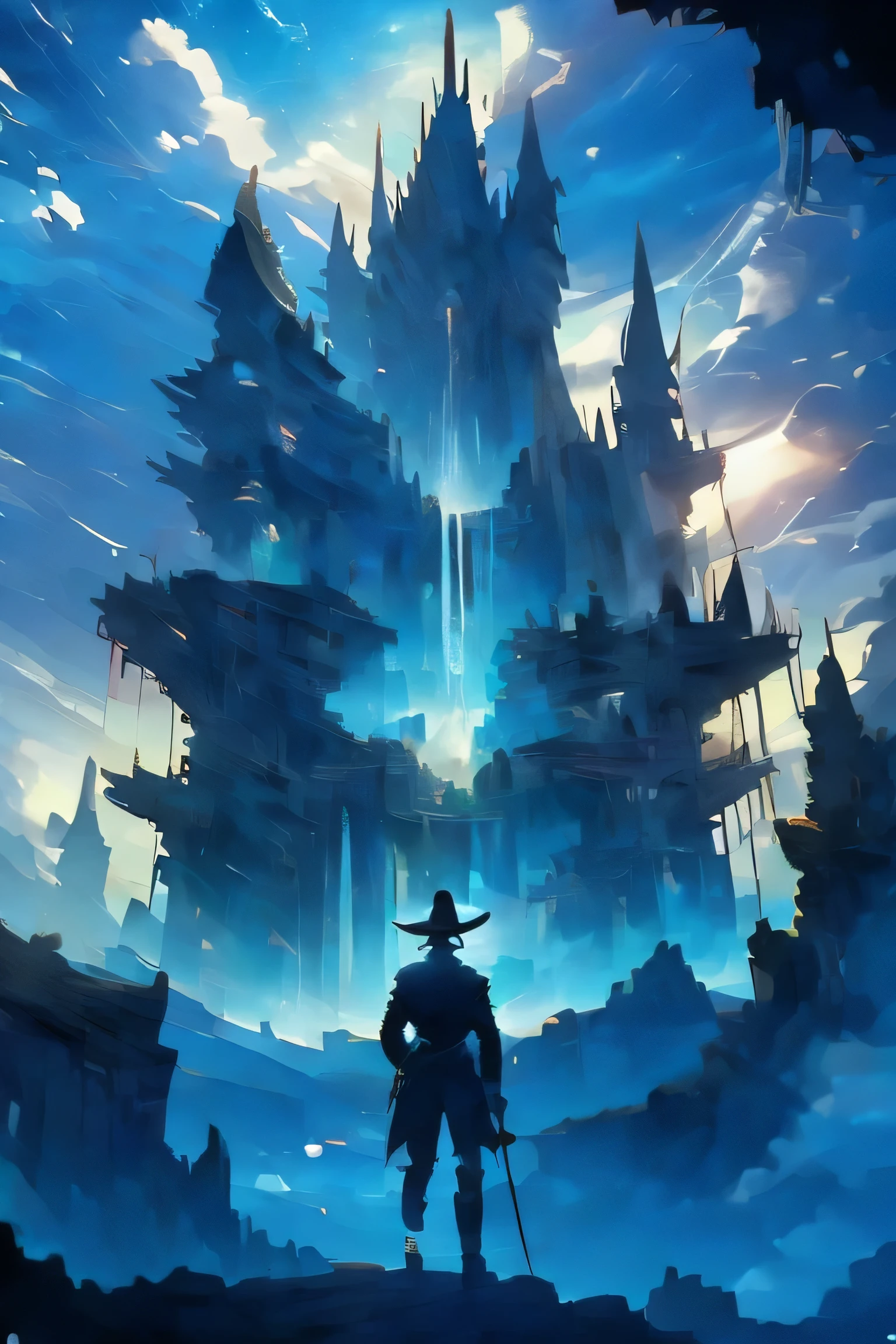 create me a silhouette of a hero standing at the center of the bottom of the image facing away, staring forward at a castle in the distance. Everything is centered. Add more sky and colours. Fantasy vibes. Hero is in armour and has a wizard hat and staff in his hand standing on a cliff looking at the castle on a hill in the distance.